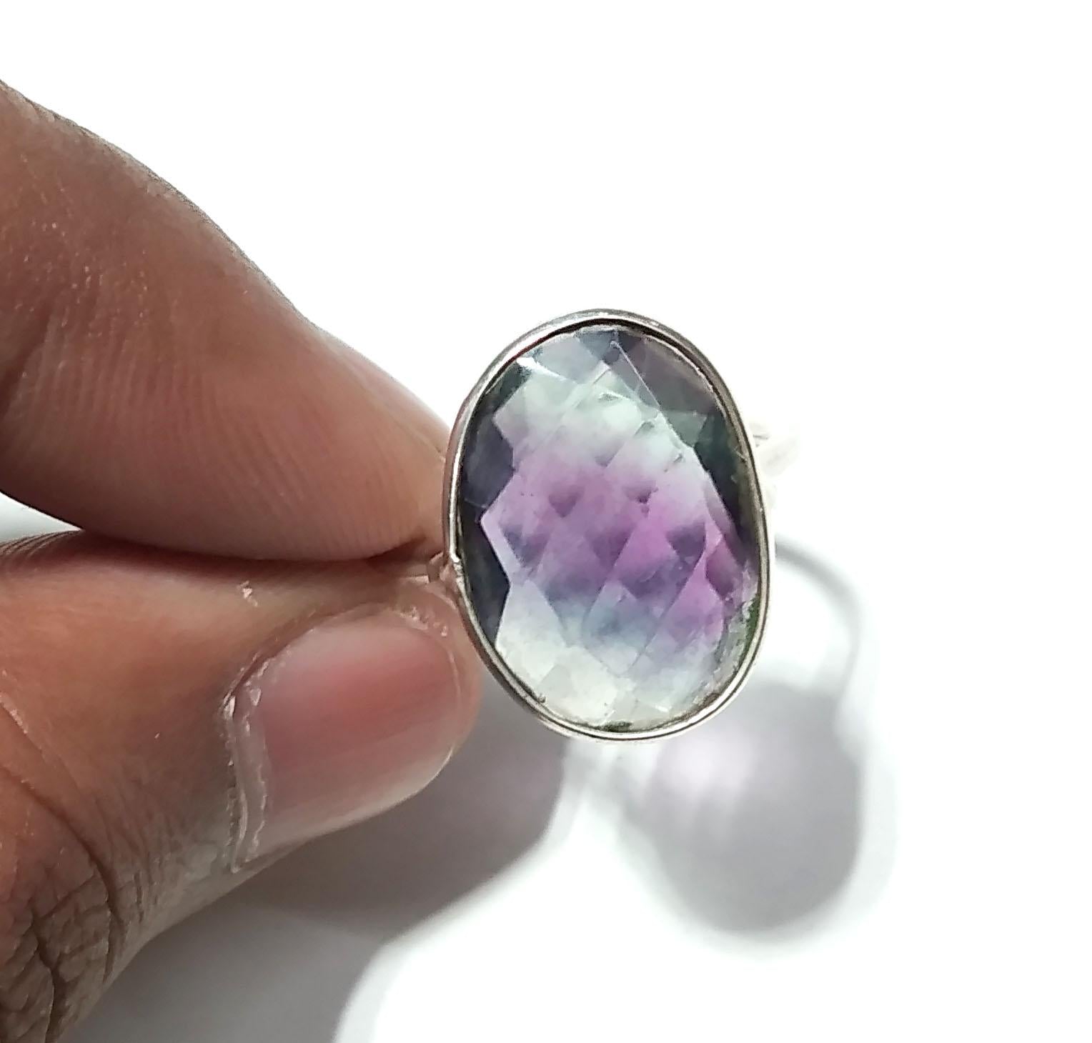 Natural Green And Purple Fluorite Ring, 925 Solid Sterling Silver Ring, Stone Size 16x12 mm Handmade Silver Ring, Birthday Ring