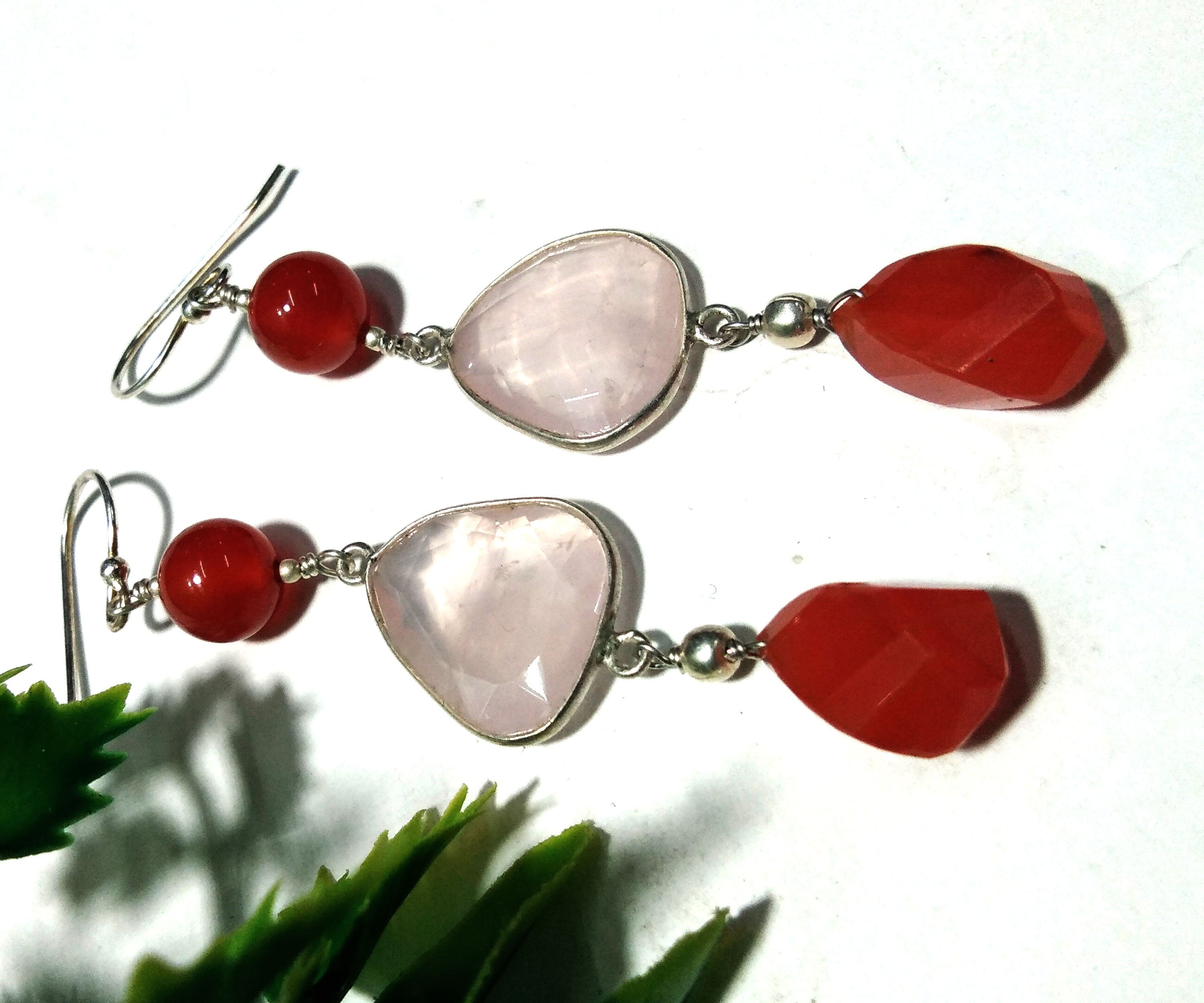 Natural Carnelian, Rose Quartz Earrings, 925 Solid Starling Silver Earring, Carnelian Stone Handmade Earring, Gift Women Wedding Earring
