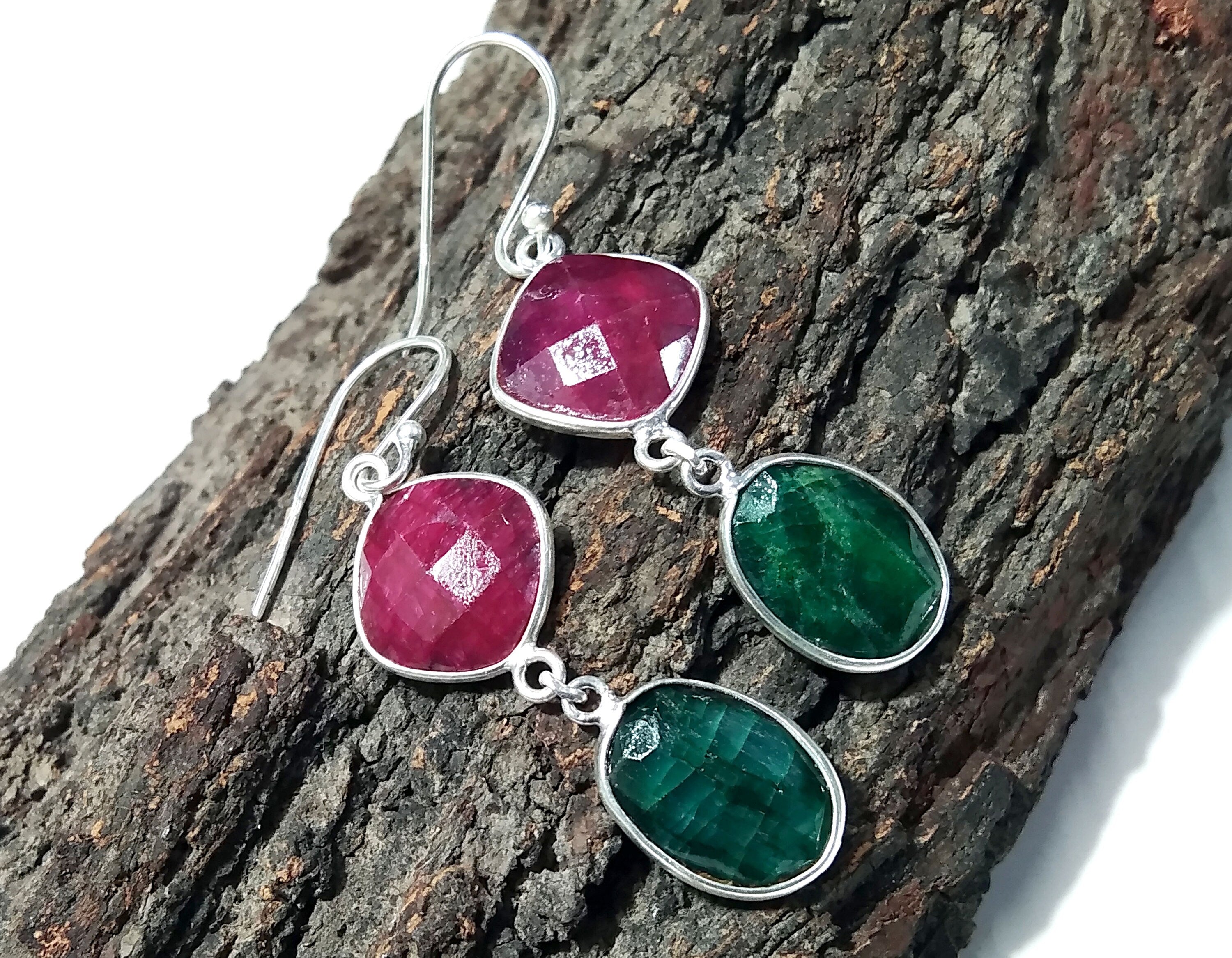 Natural Red Ruby/Emerald Stone Earring, 925 Solid Starling Silver Earring Gemstone, Gift Wedding Earring, Jewelry For Women's