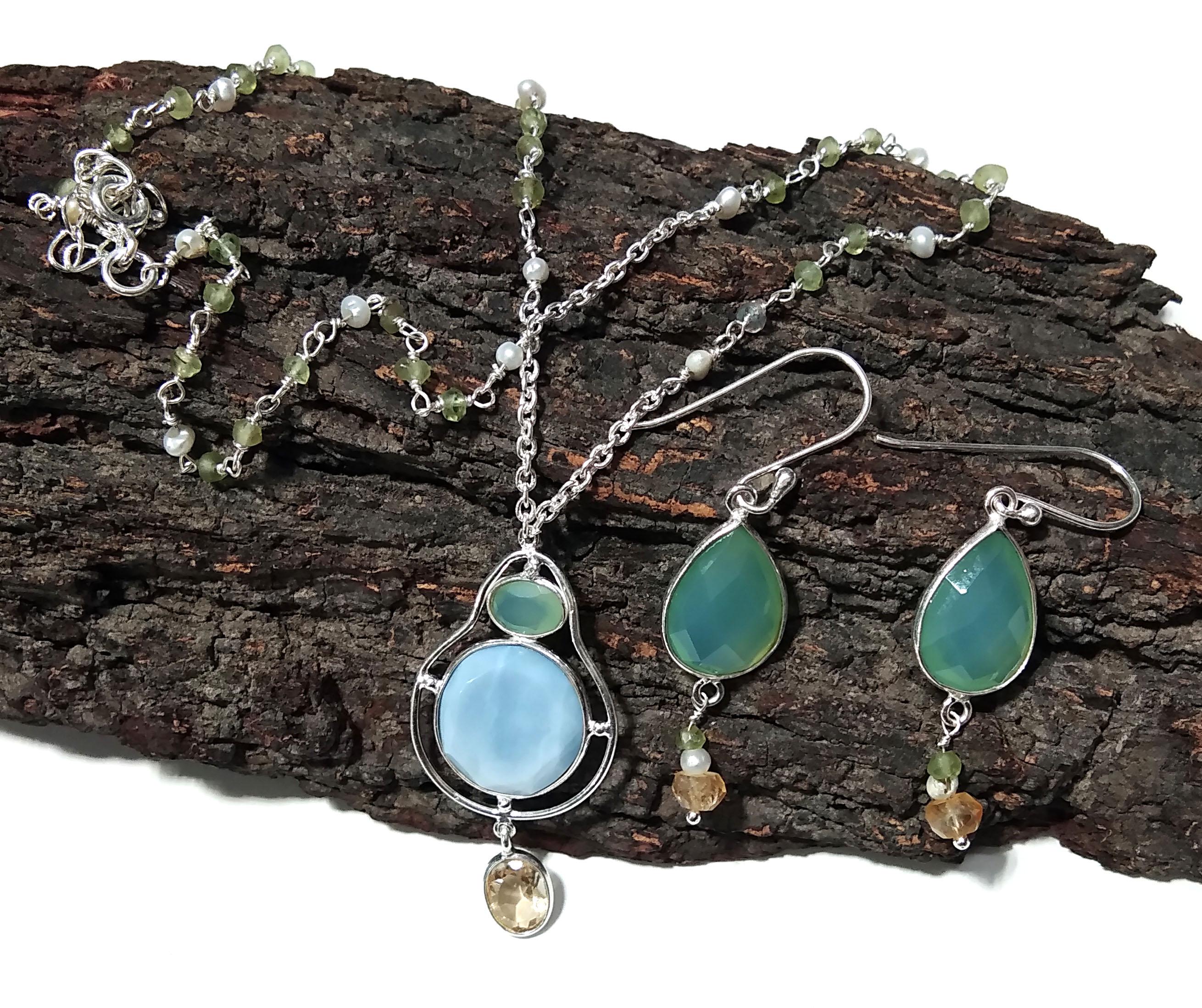 Natural Blue Opal,Chrysoprase,Citrine Gemstone Necklace Earring Jewelry Set, 925 Sterling Silver Necklace Earring Jewelry, Gift For Women.
