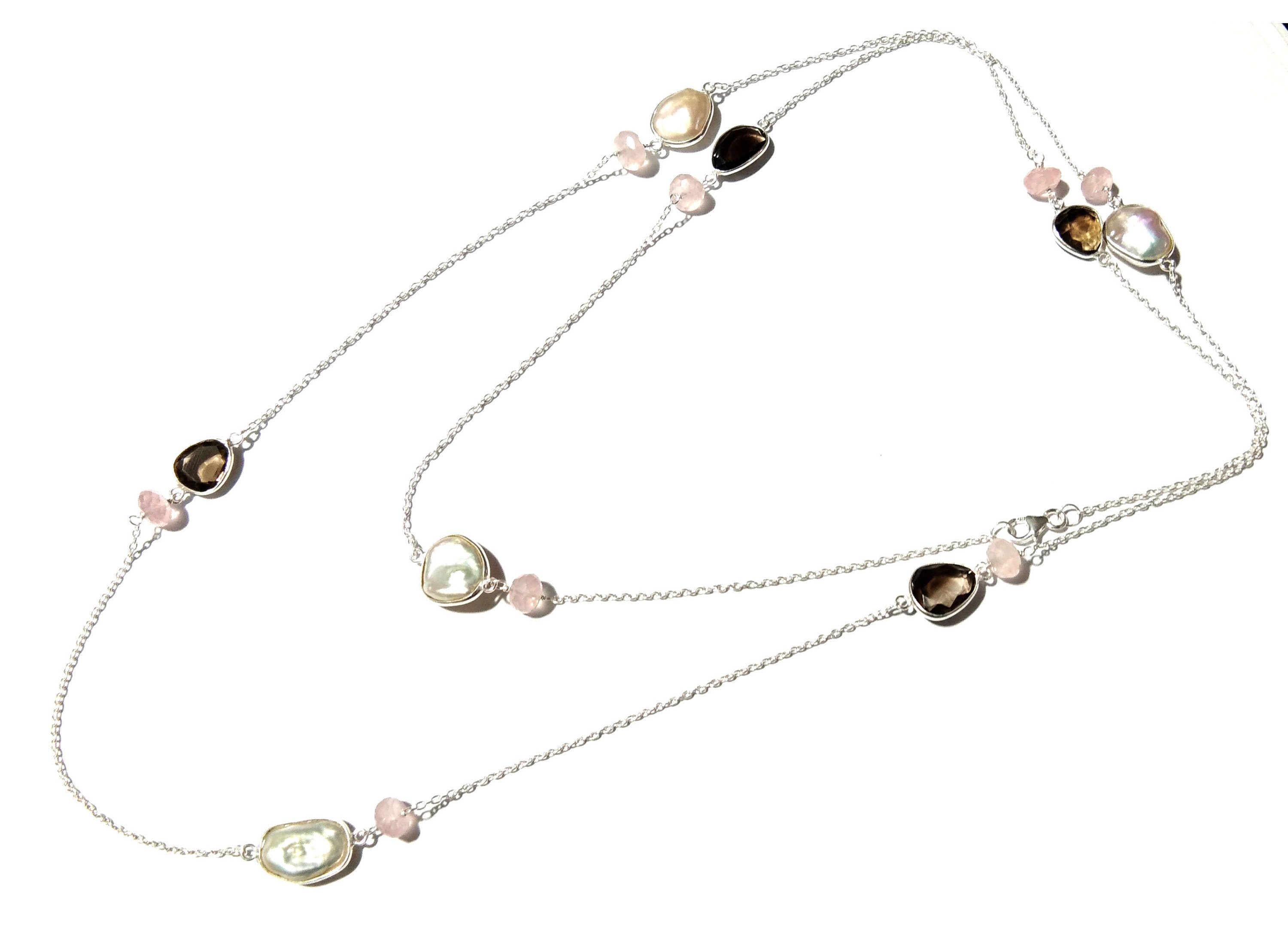 Very Beautiful Log Necklace ! Natural Gemstone Smoky Quartz, Rose Quartz & Pearl Log Beaded Necklace With 925 Starling Silver Length 40 inch