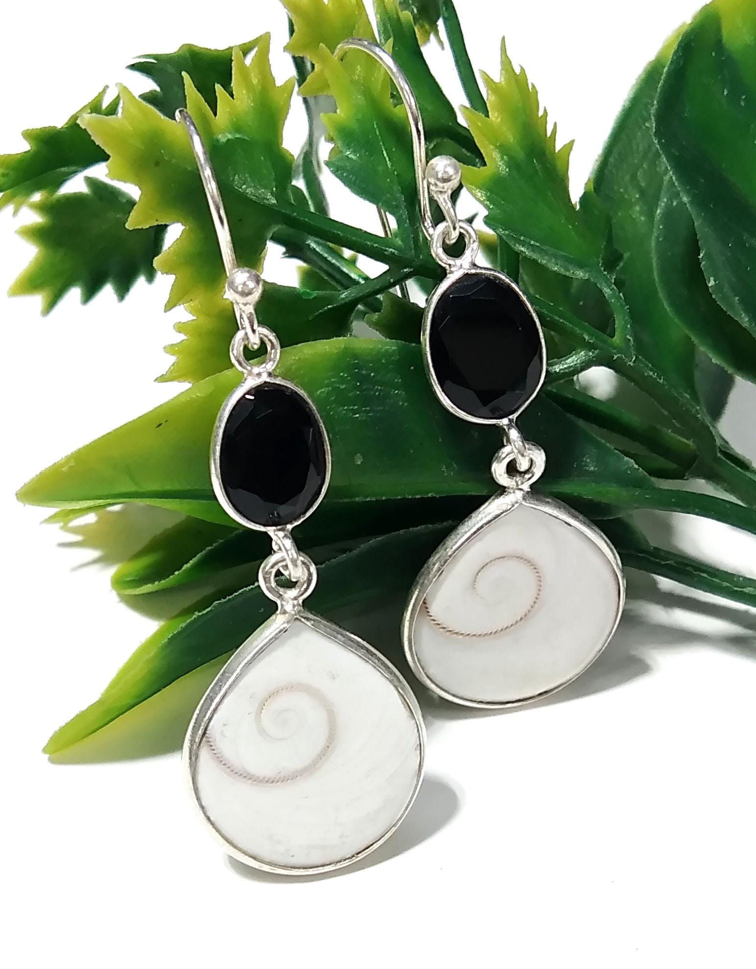 Natural Black Onyx/Shiva Eye Shell Stone Earring, 925 Starling Silver Earring, Beautiful Shiva Eye Shell Stone Size 17x15mm Gift Earring