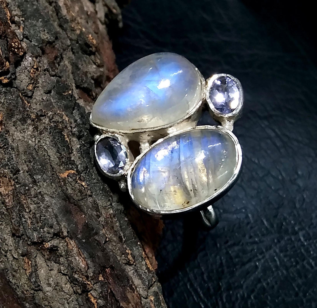 Natural Rainbow Moonstone/Tanzanite Gemstone Ring, 925 Solid Sterling Silver Ring, Stone Size 16x10 mm Handmade Gift Ring, Birthday Ring