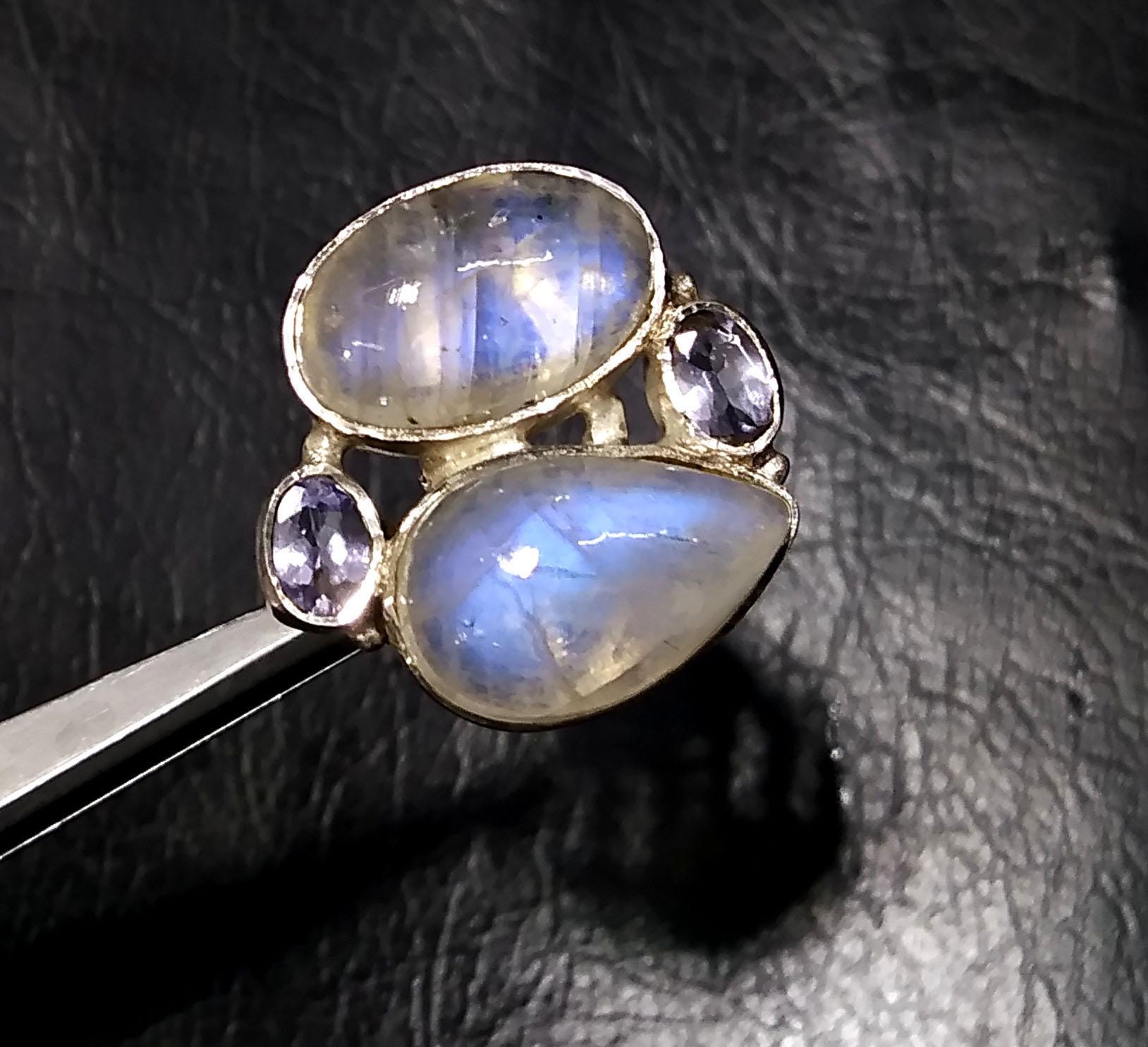 Natural Rainbow Moonstone/Tanzanite Gemstone Ring, 925 Solid Sterling Silver Ring, Stone Size 16x10 mm Handmade Gift Ring, Birthday Ring