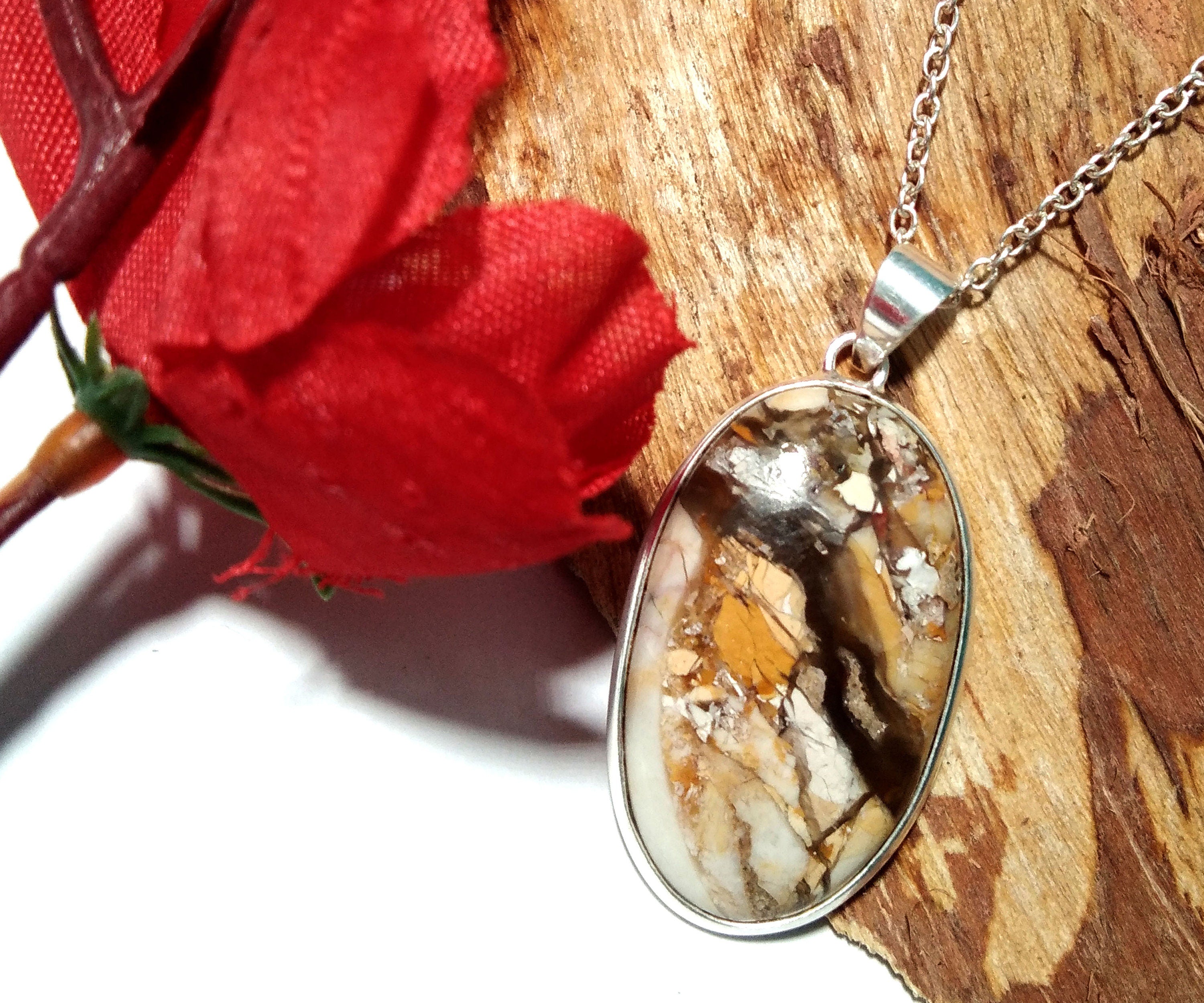 Natural Brecciated Mookaite Gemstone Pendant Chain Necklace, 925 Sterling Silver Pendant Jewelry Handmade Gift Easter Pendant Chain Necklace