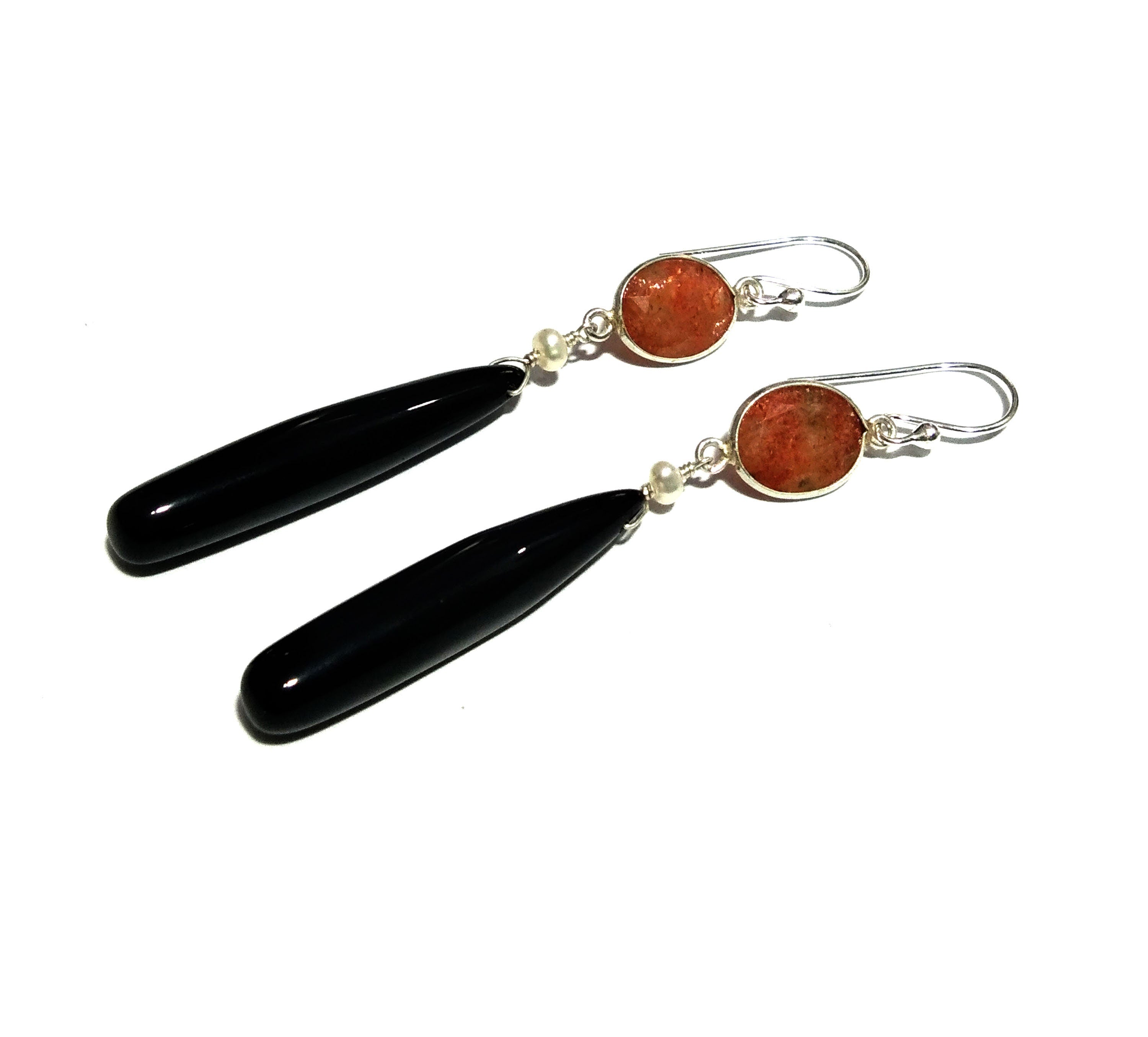 Natural Black Onyx, Sunstone Stone Earring, 925 Solid Starling Silver Earring, Onyx, Sunstone Size 35x6 mm to 8x9 mm Gift Christmas