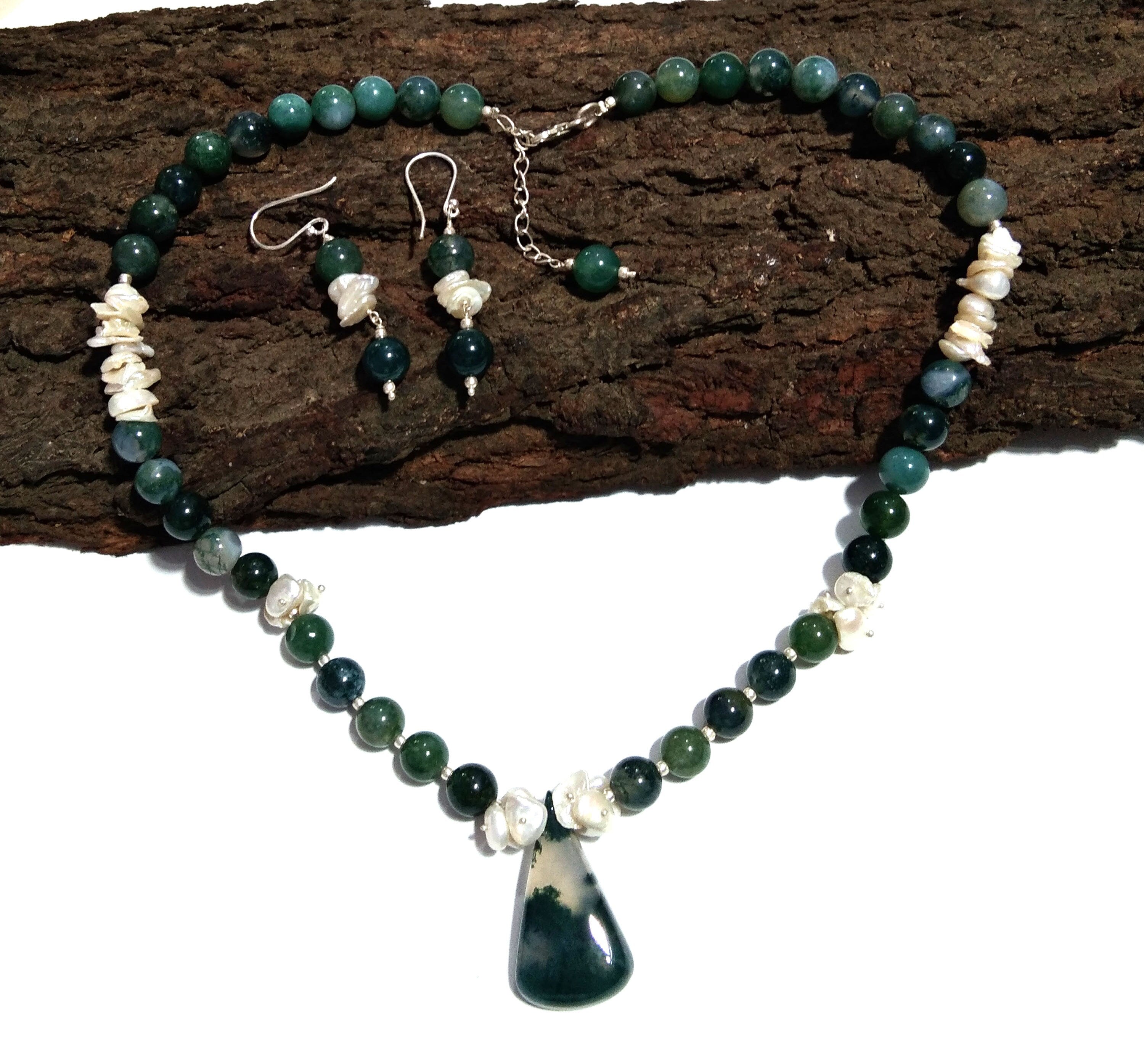 Natural Moss Agate/Pearl Gemstone Beads Necklace Set Jewelry, 925 Sterling Silver Necklace, Beaded Necklace Statement Gift Jewelry