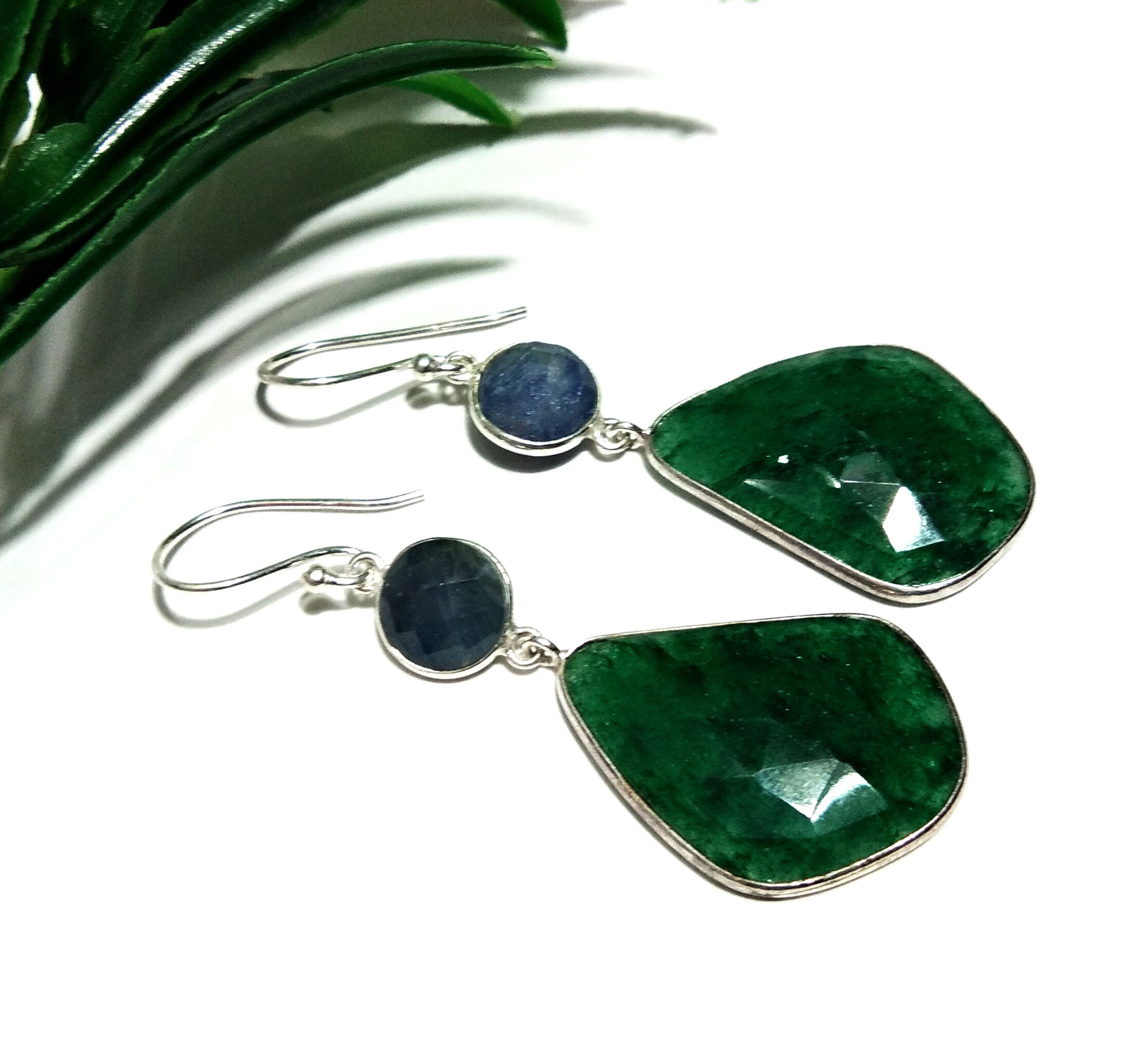 Natural Blue Sapphire/Green Jade Gemstone Earring, 925 Solid Starling Silver Earring, Handmade Silver Earring Top Color Stone Earring Gift