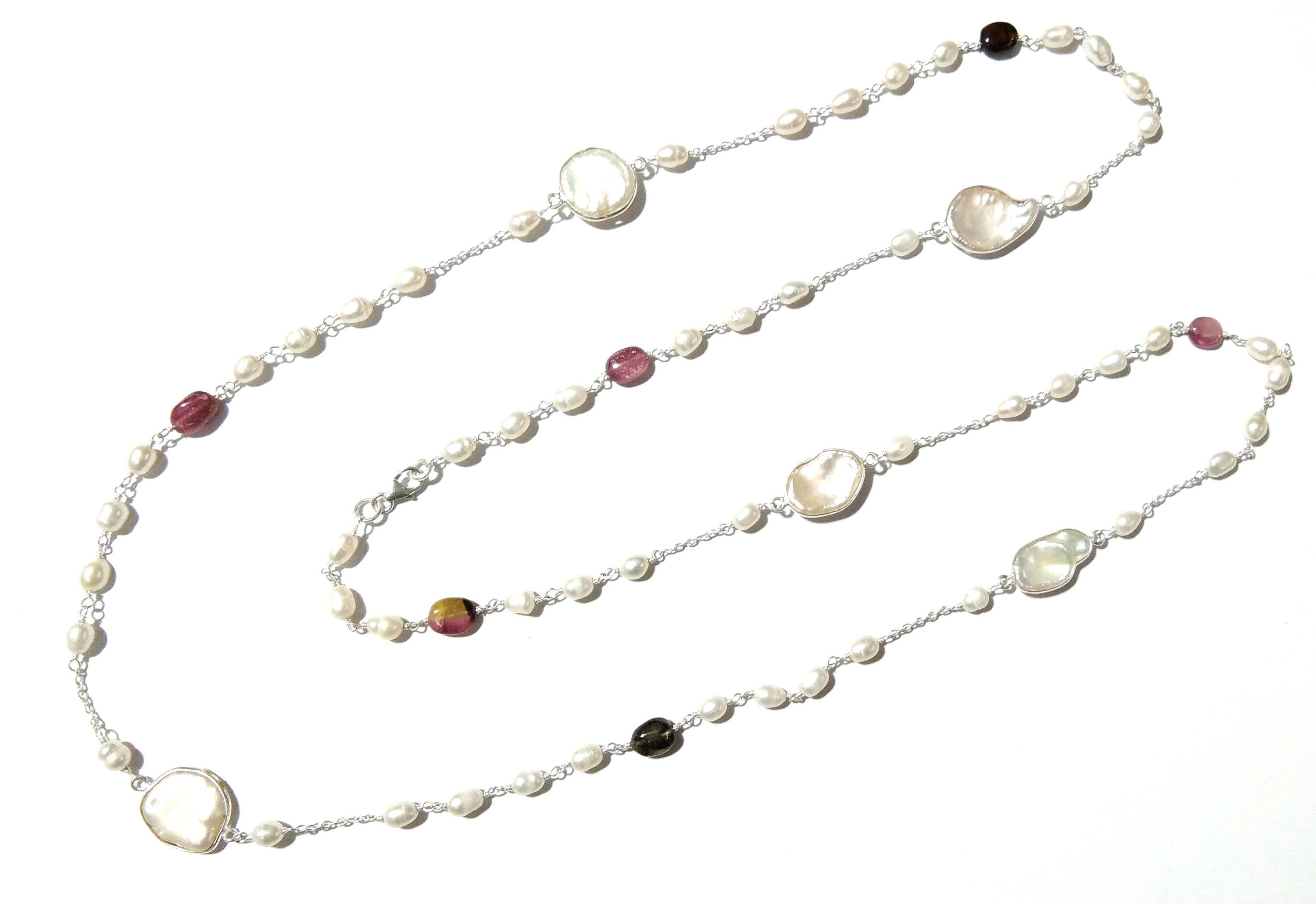 Log Chain Necklace ! Natural Pearl & Tourmaline Beaded Necklace, 925 Starling Silver Log Necklace, 36''Inches Length.