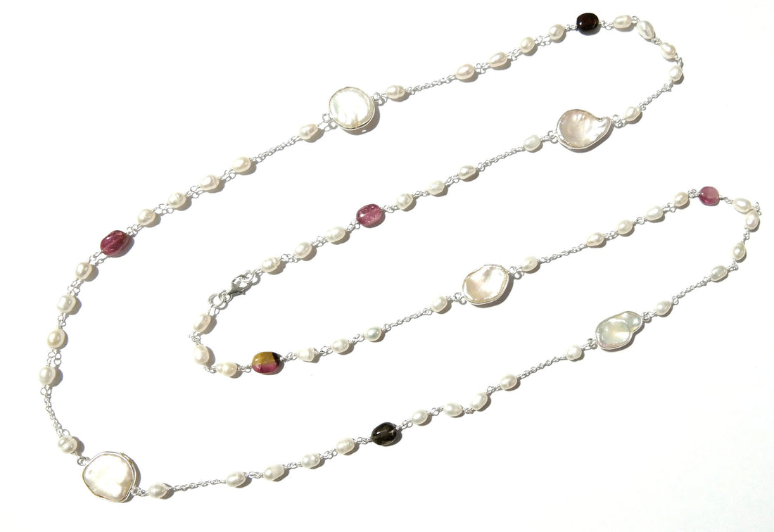 Log Chain Necklace ! Natural Pearl & Tourmaline Beaded Necklace, 925 Starling Silver Log Necklace, 36''Inches Length.