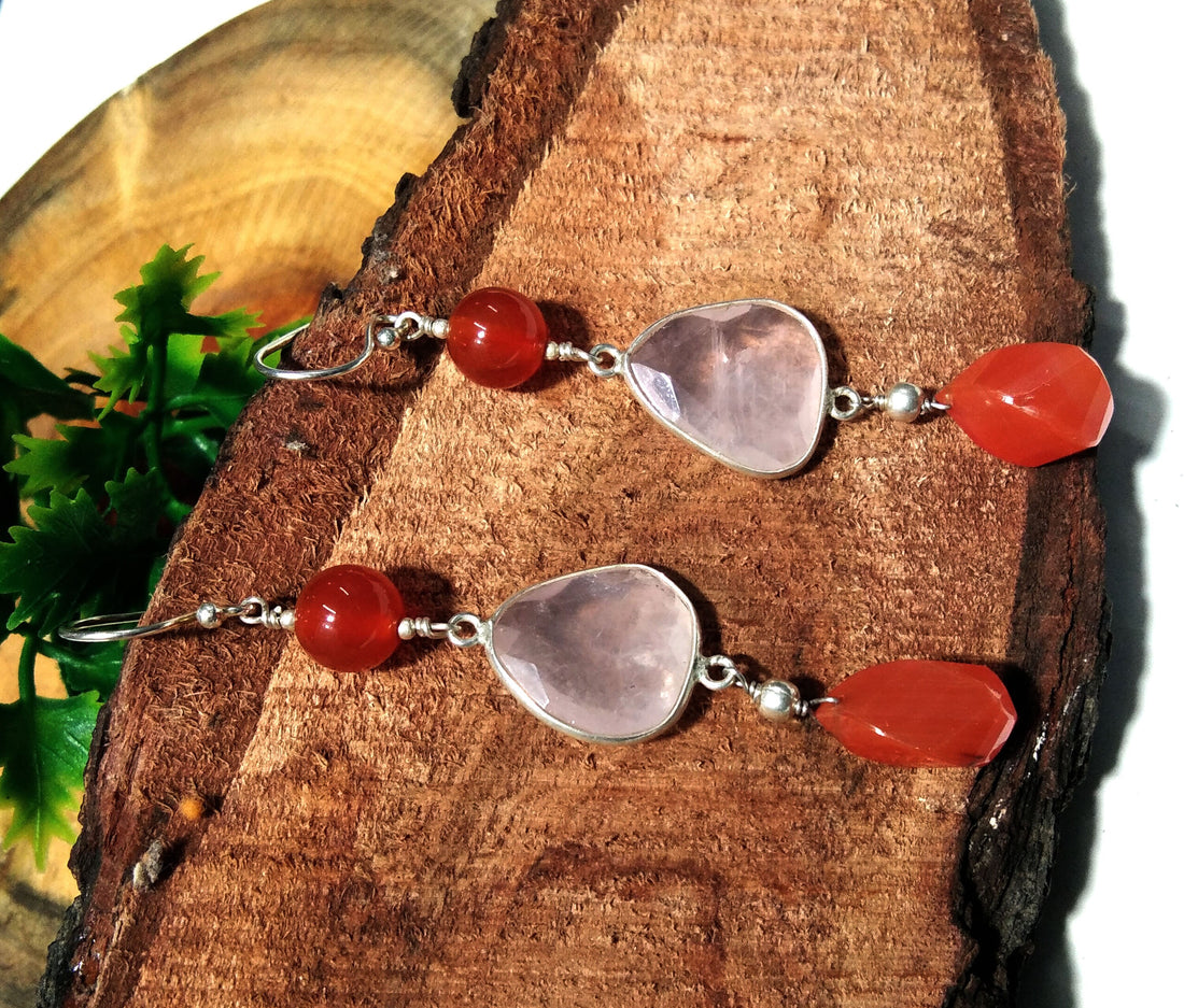 Natural Carnelian, Rose Quartz Earrings, 925 Solid Starling Silver Earring, Carnelian Stone Handmade Earring, Gift Women Wedding Earring