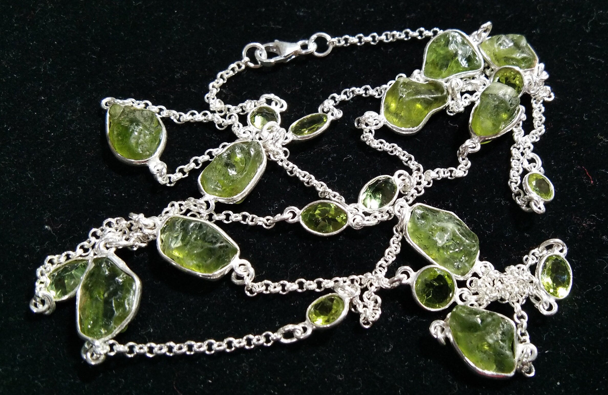 Log Chain Necklace Peridot Rough & Faceted Stone Chain Necklace, 925 Sterling Silver Bezel Setting Long 36" inch Chain Necklace Birthstone