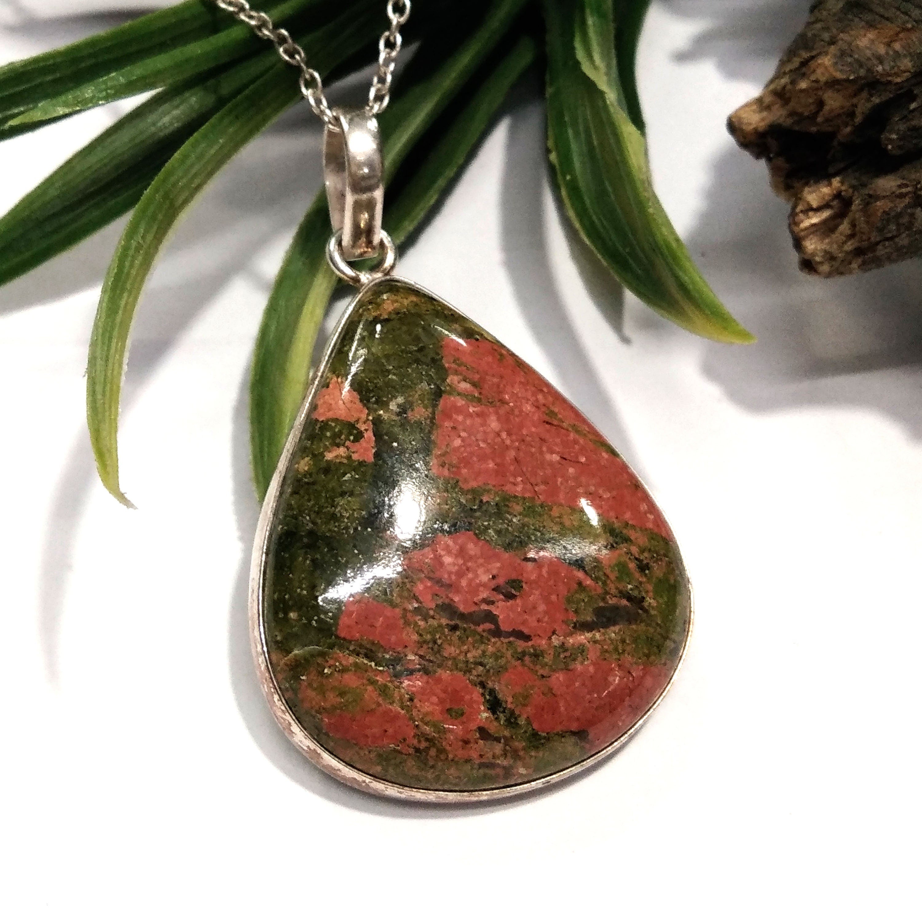 Natural Unakite Gemstone Pendant Chain Necklace, 925 Starling Silver Pendant Necklace, Handmade Jewelry Stone Size 36x31 mm Gift Pendant