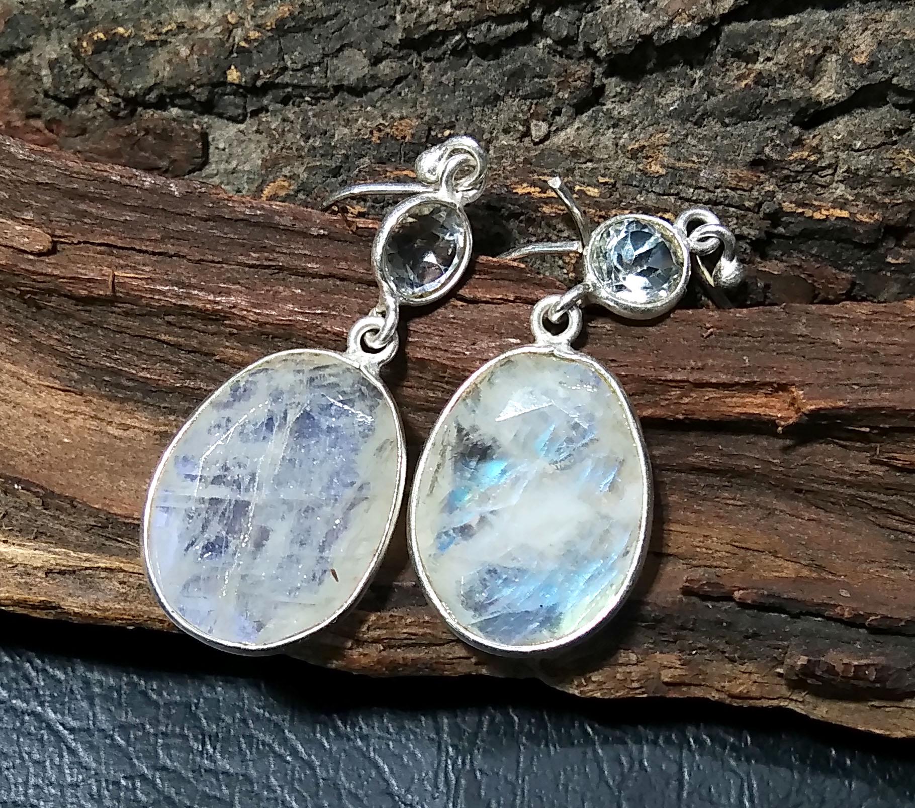 Natural Topaz And Rainbow Moonstone Faceted Earring, 925 Solid Starling Silver Earring, Handmade Moonstone Earring, For Girls/Women.