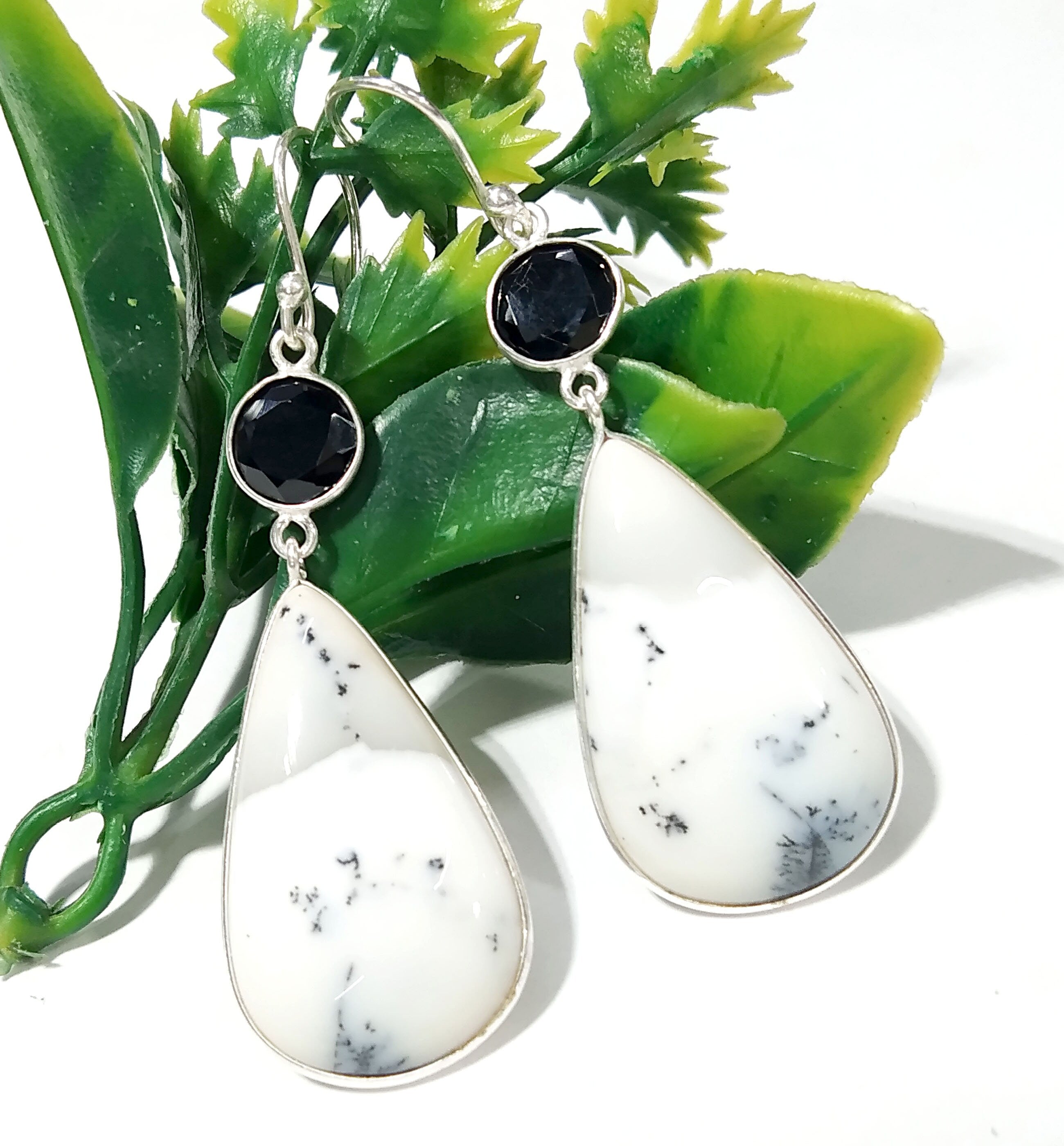 Natural Dendrite Opal,Black Spinel Gemstone Earring, 925 Solid Starling Silver Earring, Opal Stone Size 29x17 mm Gift Dangle Earring Jewelry