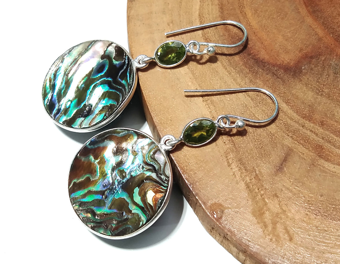 Natural Abalone Shell/Peridot Gemstone Earring, 925 Sterling Silver Earring Jewelry, Handmade Earring For Gift Birthday Girls/Women Jewelry
