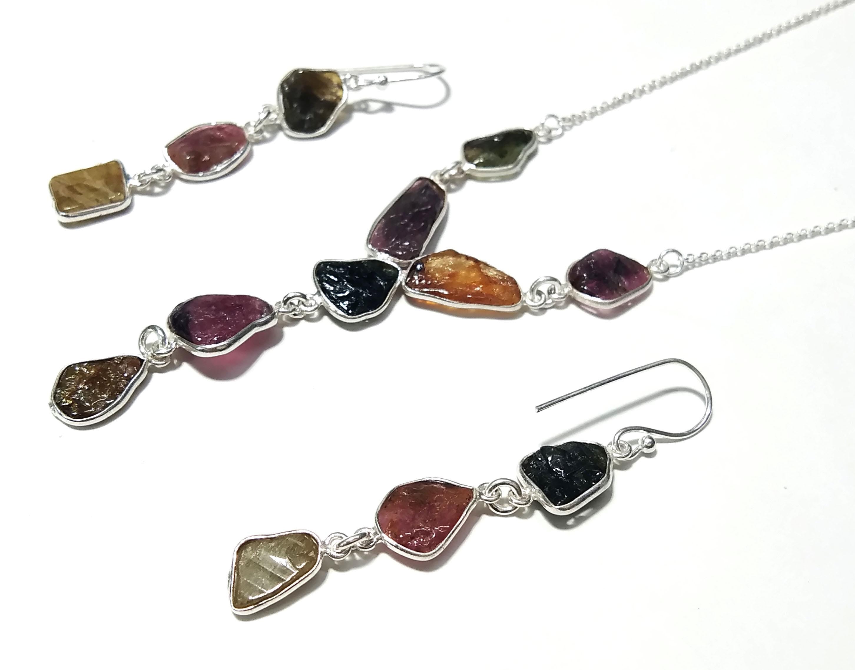 Natural Multi Tourmaline Gemstone Necklace Earring Jewelry Set, 925 Sterling Silver Necklace Earrings Jewelry, Gift For Her May Birthstone