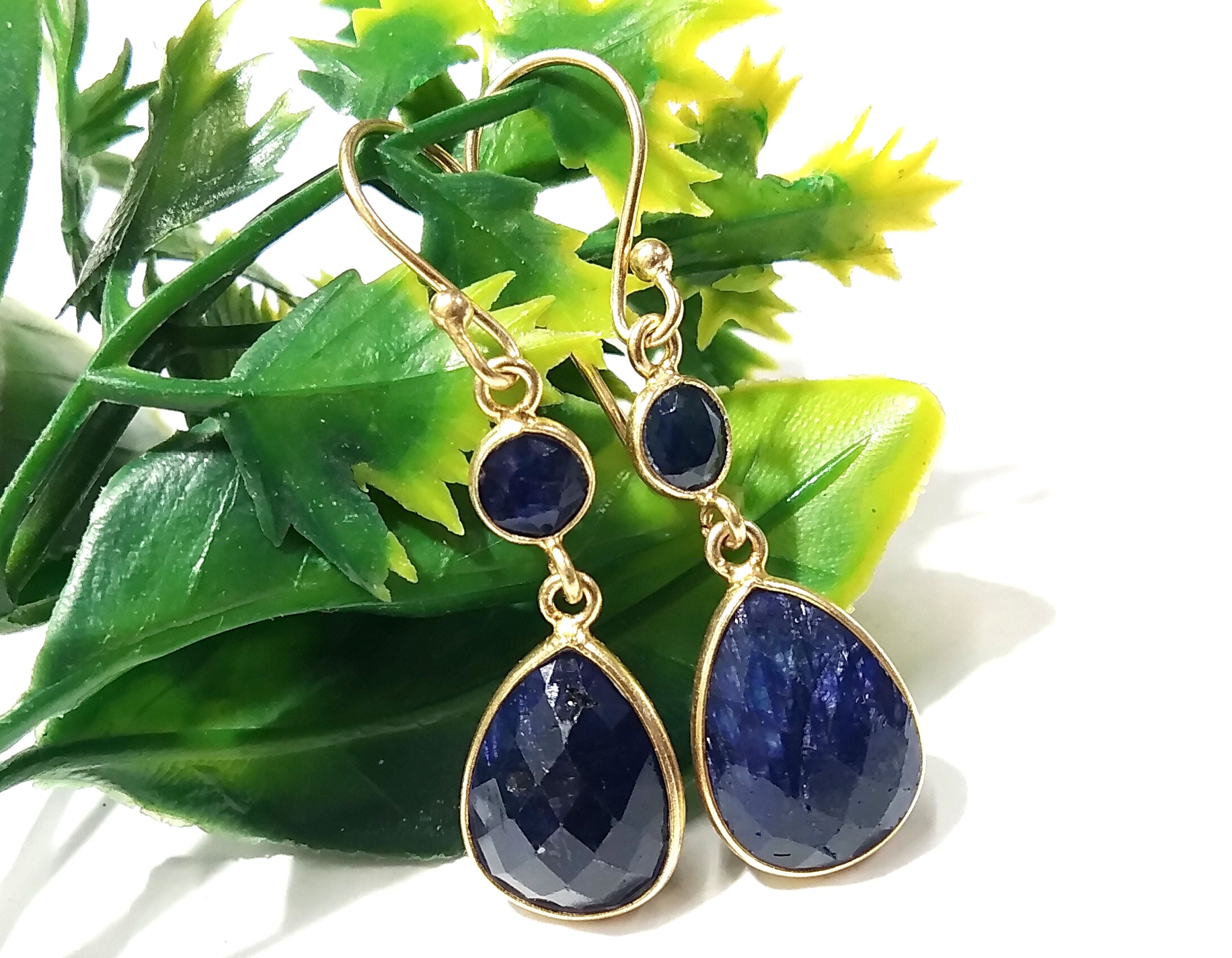 Natural Blue Sapphire Stone Earring, 925 Solid Starling Silver With Gold Plated Earring, Sapphire Stone Size 13x10 mm Gift Birthday Earring