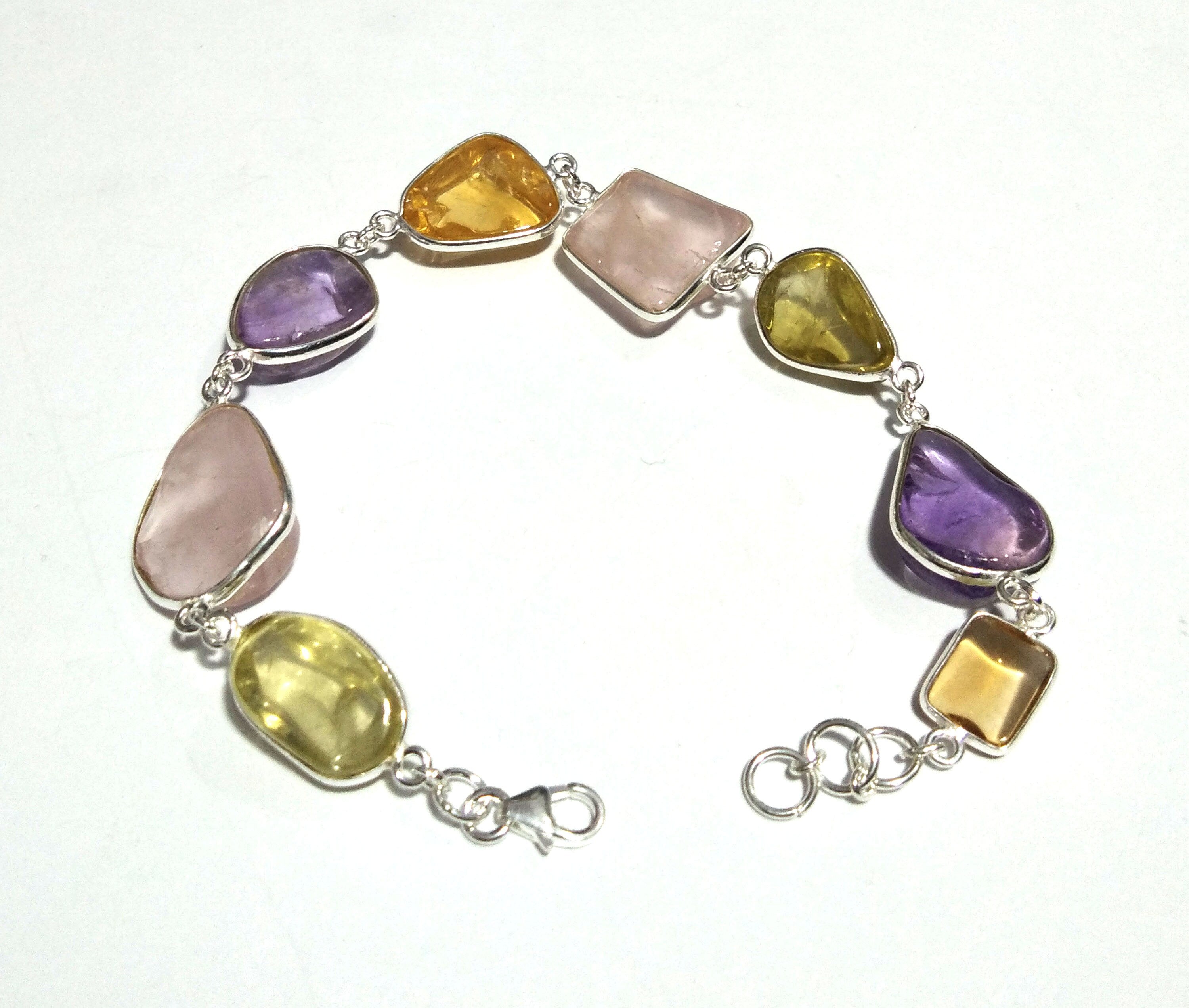 Natural Amethyst/Rose Quartz/Lemon Quartz Tumbled Stone Bracelet, 925 Sterling Silver Bracelet, 8 inches Multi Color Stone Wedding Bracelet