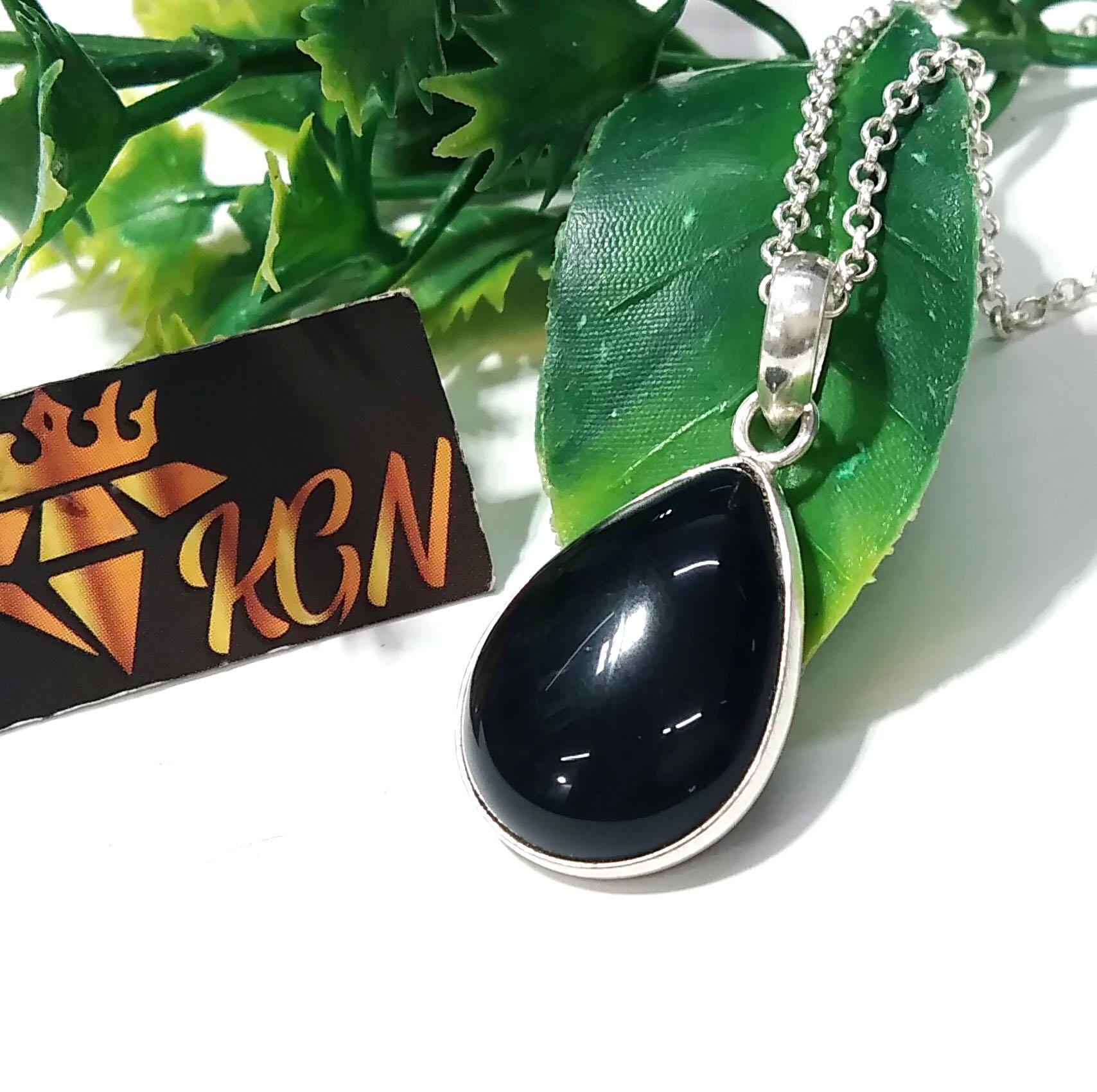 Natural Black Onyx Gemstone Pendant Chain Necklace, 925 Sterling Silver Pendant Jewelry, Black Onyx Stone Size 20x15mm Gift For Girls/Women