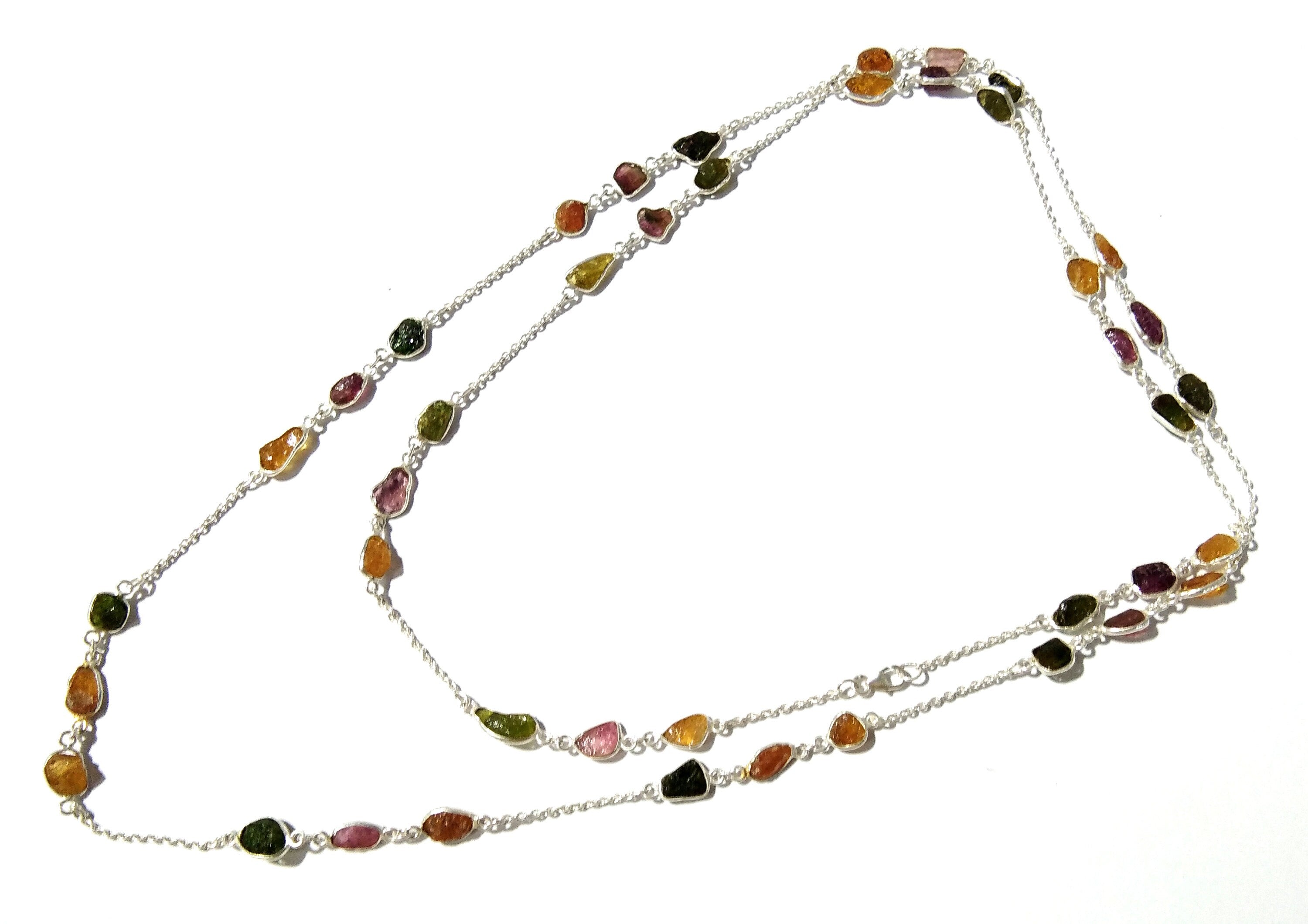 Beautiful Natural Gemstone Multi Color Tourmaline Rough Log Chen Necklace For Girls & Woman, 925 Starling Silver Log Necklace Length 44 inch