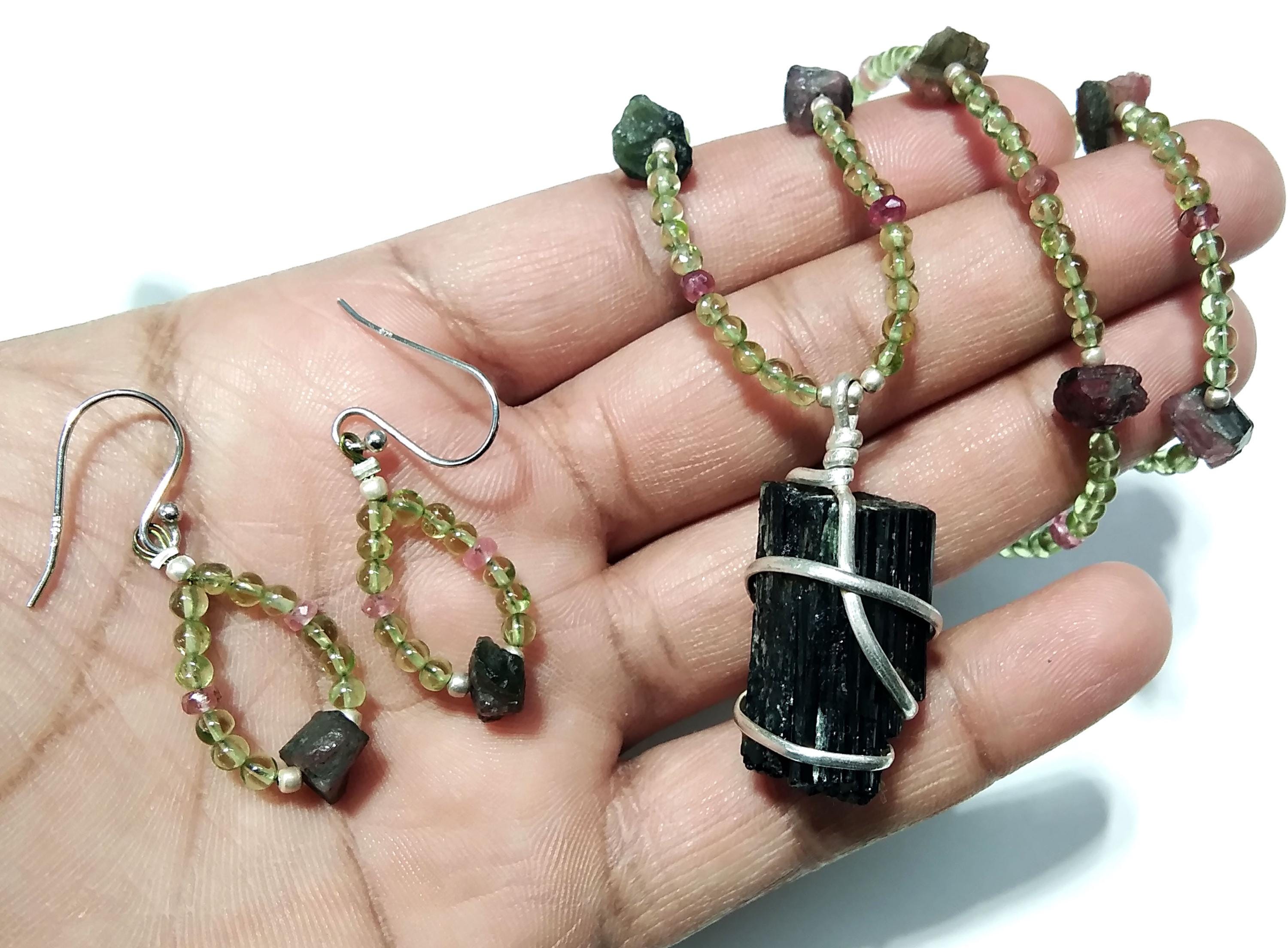 Natural Black Tourmaline/Peridot Gemstone Bead Necklace Jewelry Earring Set, 925 Sterling Silver Necklace Beaded Necklace Statement Jewelry