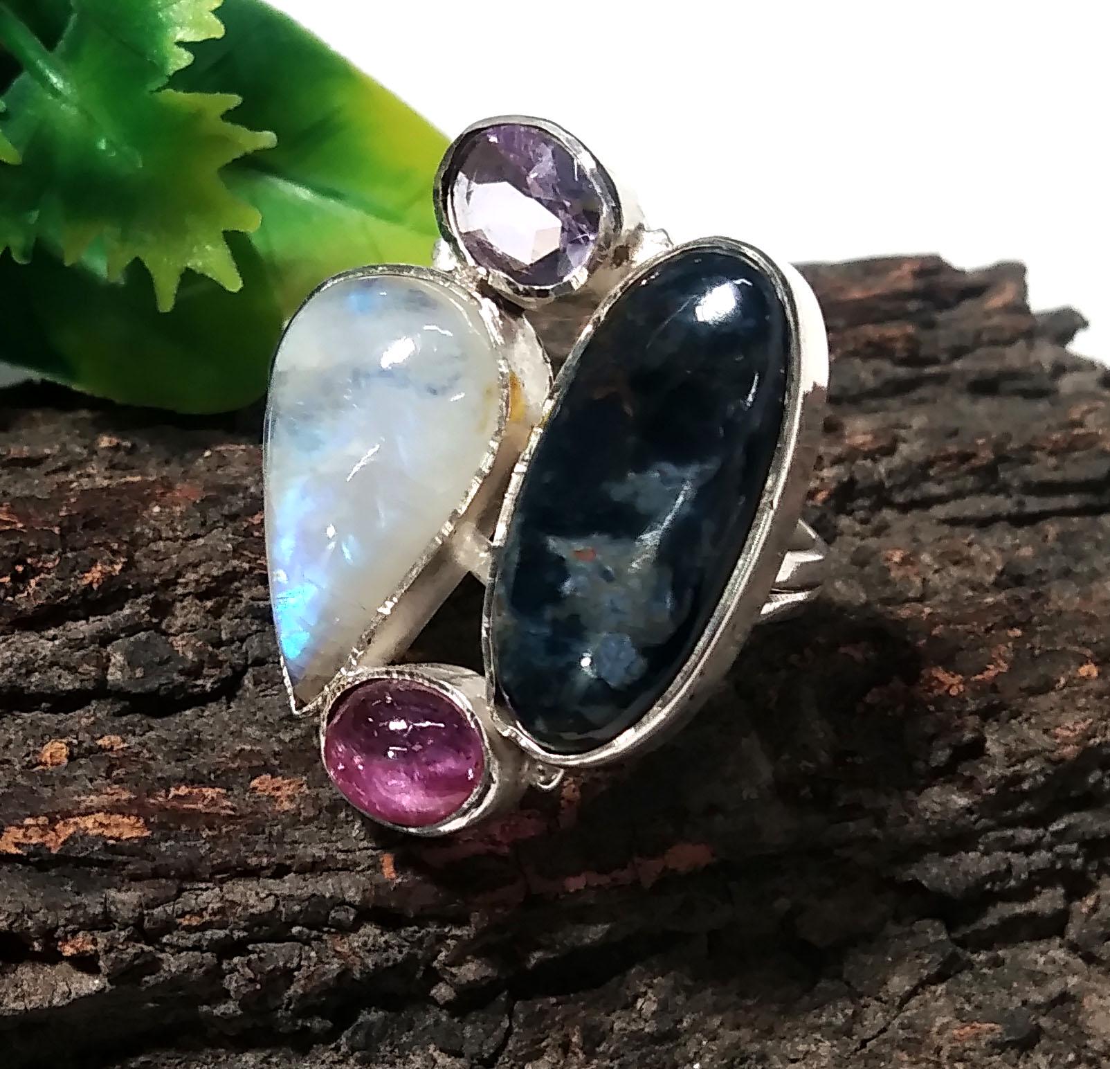 Pietersite,Rainbow Moonstone,Ruby And Amethyst Multi Stone Ring, 925 Solid Sterling Silver Jewelry, Natural Gemstone Ring, Handmade Jewelry.