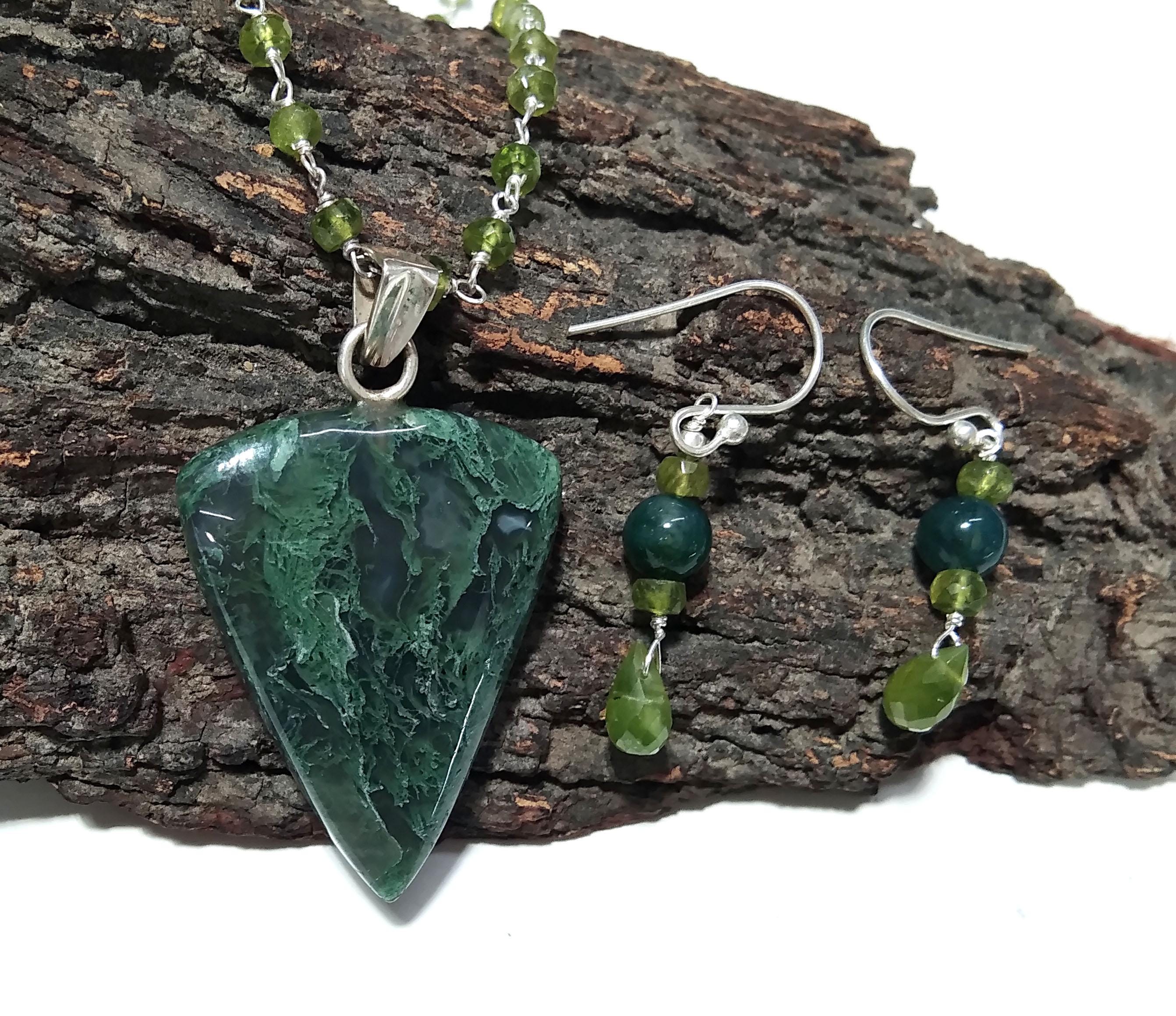 Natural Green Moss Agate Gemstone Necklace Earring Jewelry Set, 925 Sterling Silver Necklace Jewelry, Necklace Set For Women