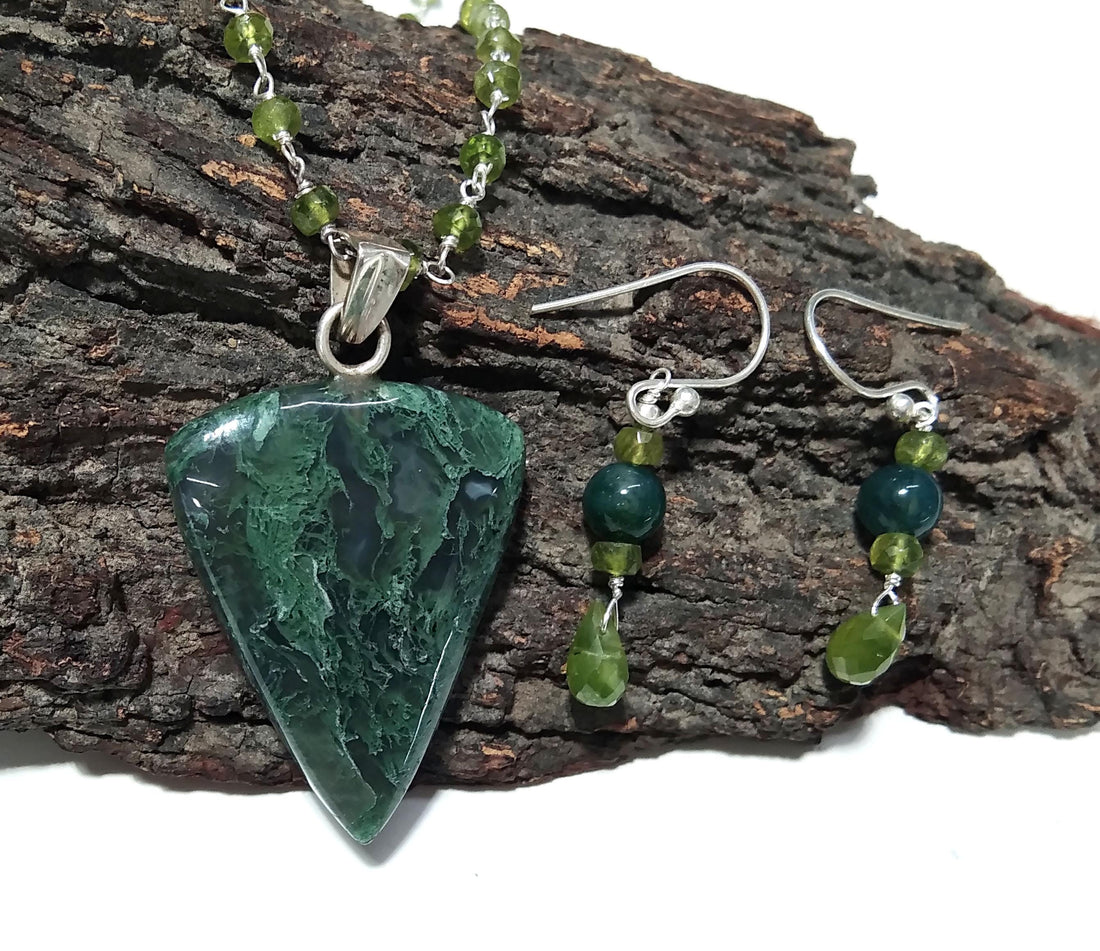 Natural Green Moss Agate Gemstone Necklace Earring Jewelry Set, 925 Sterling Silver Necklace Jewelry, Necklace Set For Women