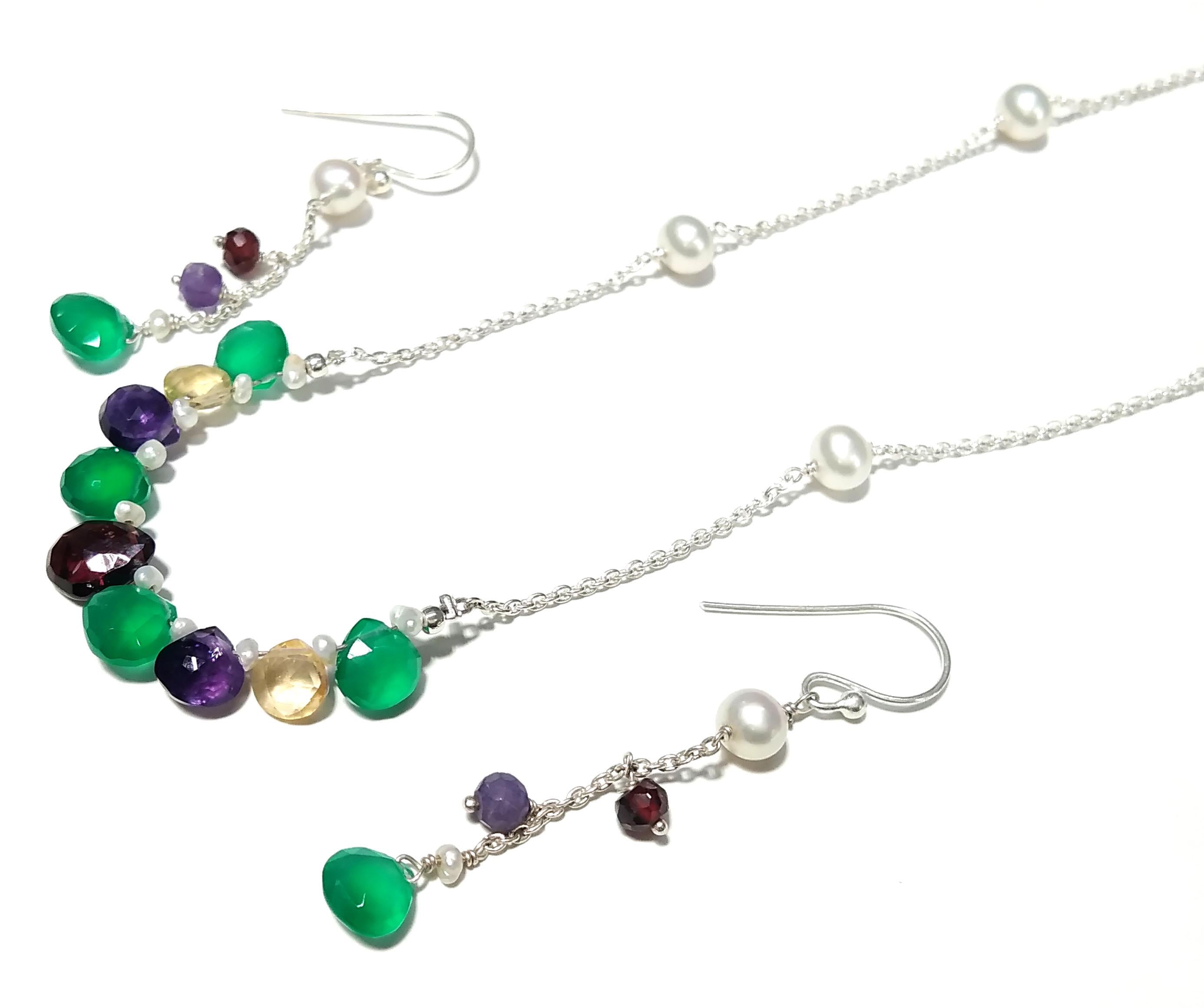 Natural Amethyst /Garnet/Green Onyx Leamon Quartz Necklace Earring Jewelry Set, 925 Sterling Silver Necklace Earrings Jewelry Gift For Her
