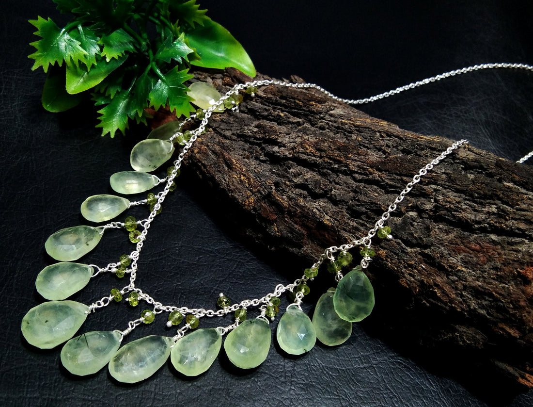 Natural Prehnite Drop's Gemstone Chain Necklace Jewelry, 925 Starling Silver Chain Necklace, Prehnite Stone For Gift Necklace, Girls & Women