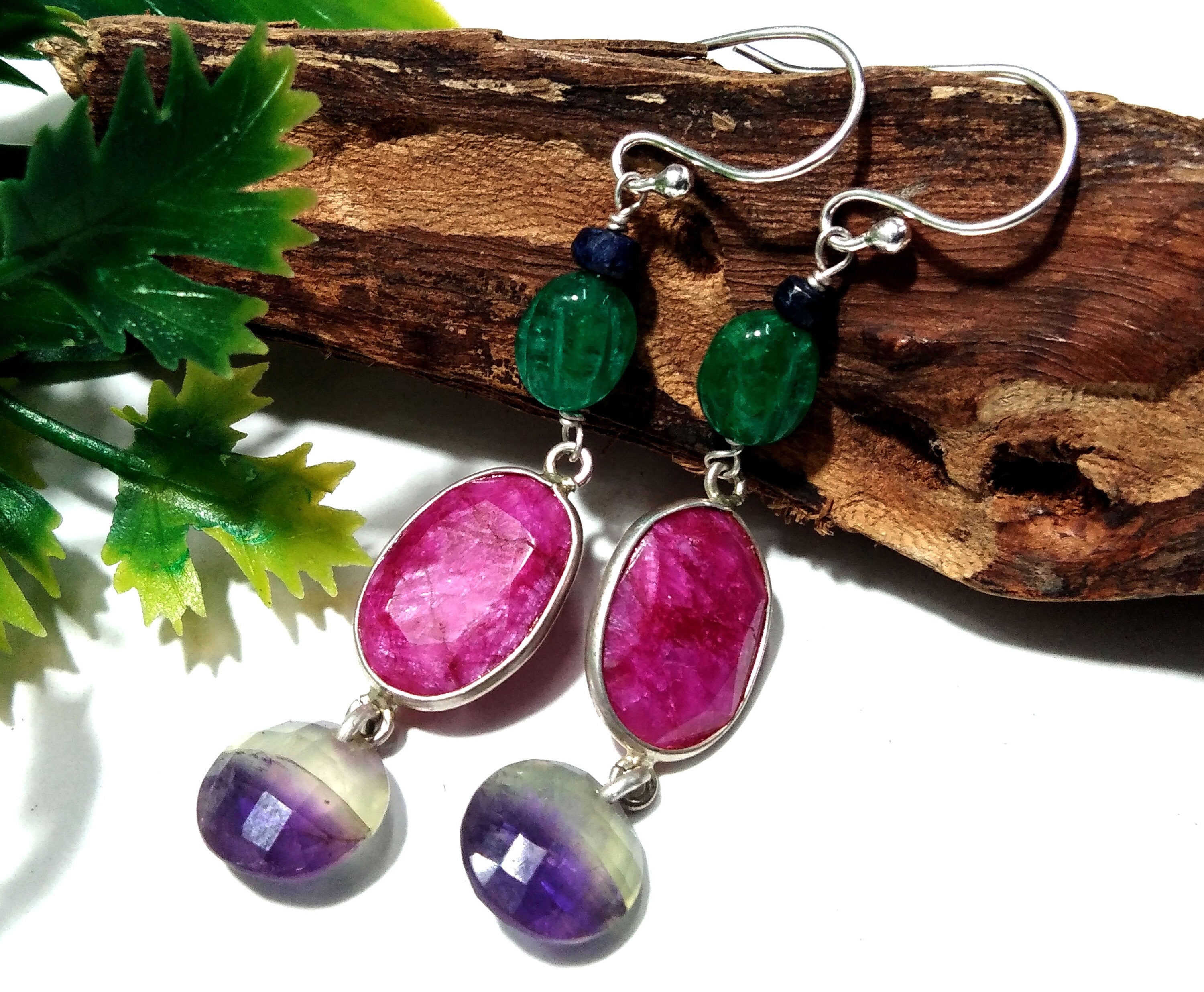 Natural Doublet Gemstone Amethyst & Ruby Multi Stone Earring, 925 Sterling Silver Earring Jewelry, For Girls/Women, Gift Earring