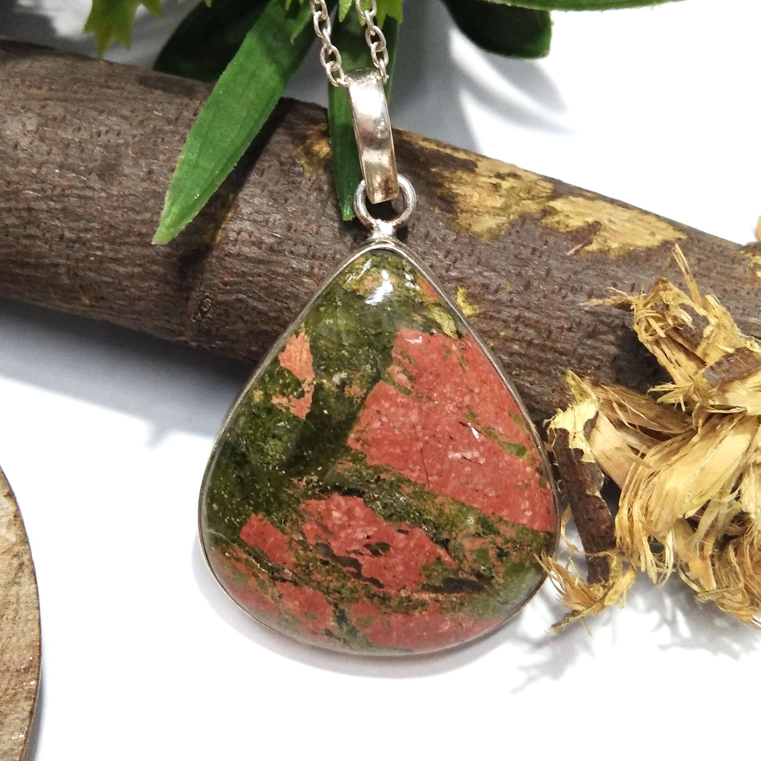 Natural Unakite Gemstone Pendant Chain Necklace, 925 Starling Silver Pendant Necklace, Handmade Jewelry Stone Size 36x31 mm Gift Pendant