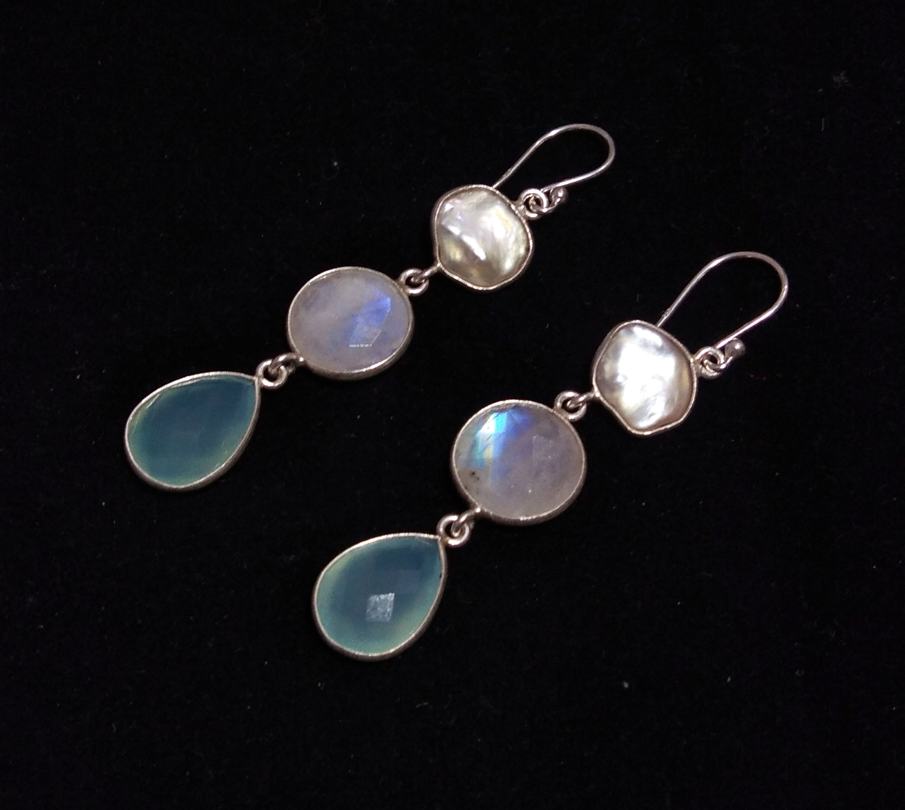 Natural Fresh Water Baroque Pearl/Moonstone/Chalcedony Stone Drop Earring, 925 Solid Starling Silver Earring Gemstone, Gift Birthday Earring