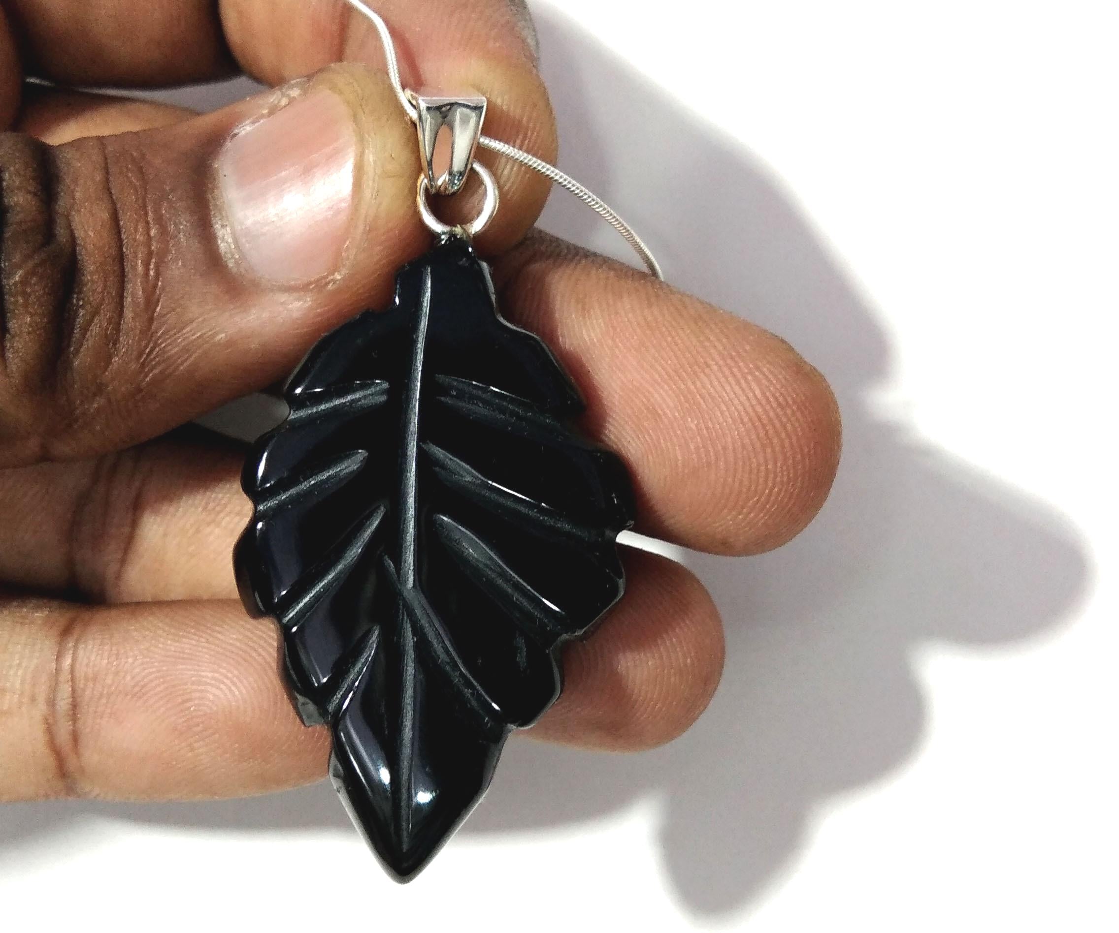 Natural Black Onyx Leaf Carving Pendant, 925 Starling Silver Chain Necklace Pendant, Amazing Genuine Necklace Jewelry For Girls & Women Gift
