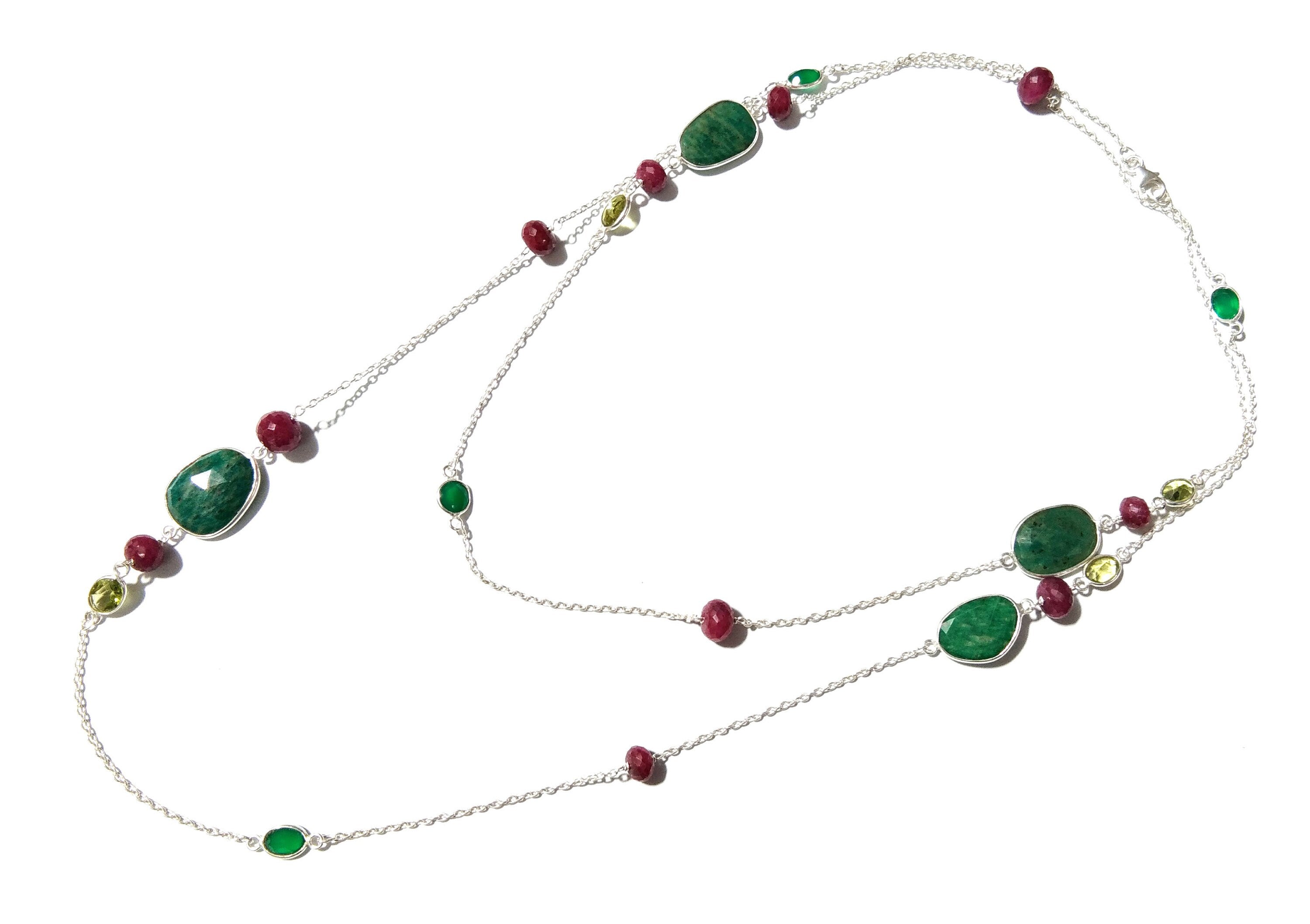 Log Chain Necklace Ruby Amazonite Peridot Green Onyx Stone Bezel & Beaded Necklace Chain 925 Starling Silver Necklace Chain 40 inche Chaine