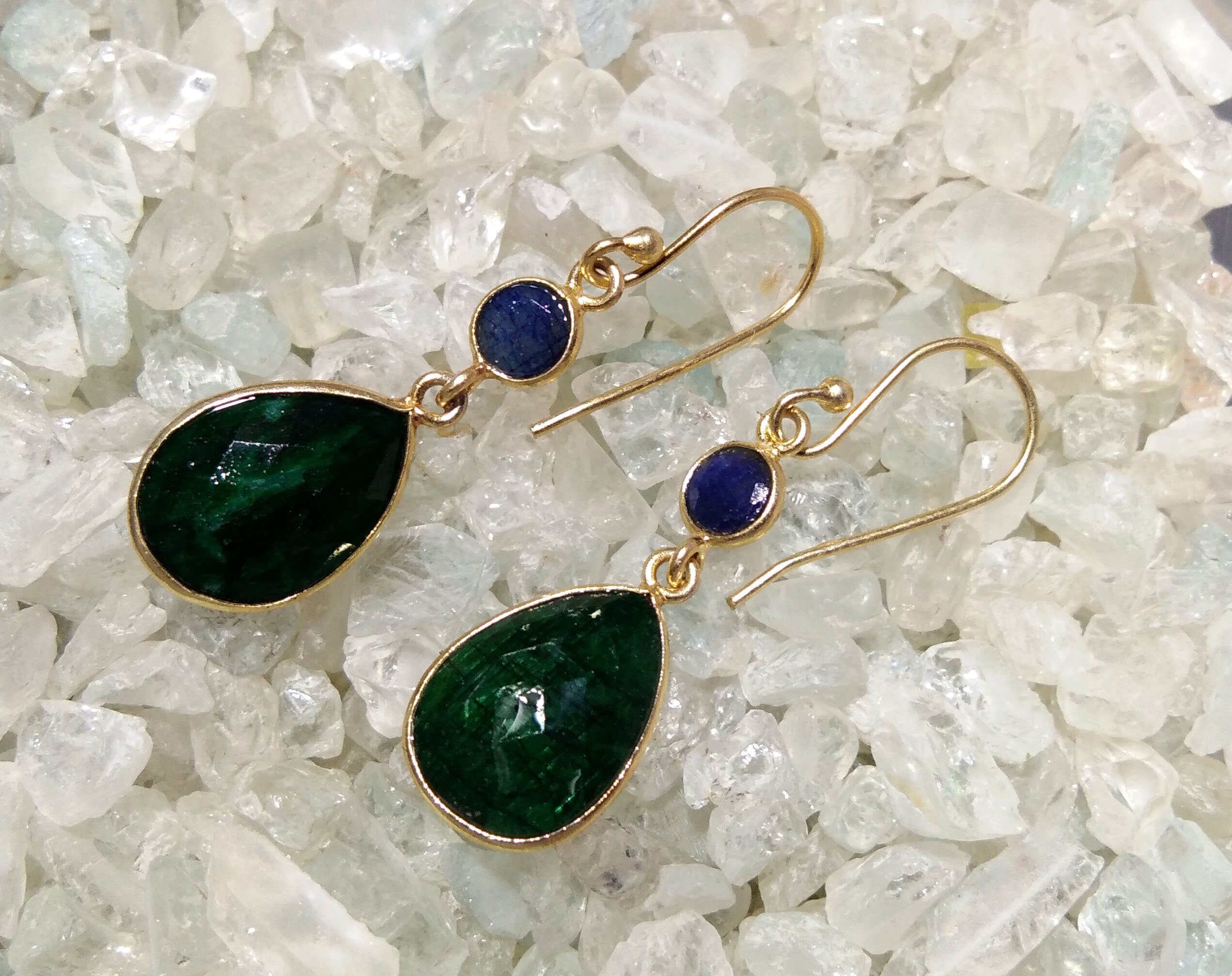 925 Sterling Silver Earring, Natural Emerald & Blue Sapphire With Gold Plated Earring, Beautiful Bezel Earring, For Girls/Women Gift