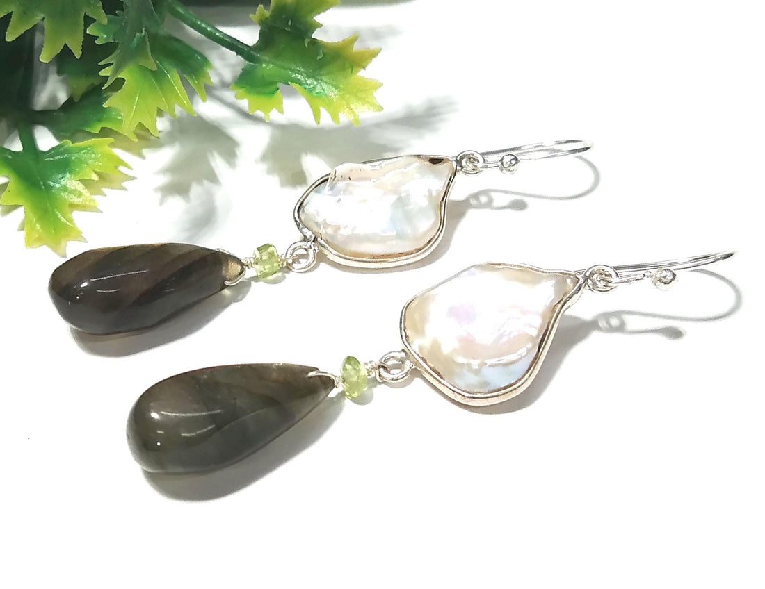 Natural Fresh Water Baroque Pearl/Labradorite Stone Drop Earring, 925 Solid Starling SilverJewelry Earring, Gemstone Gift Wedding Earring
