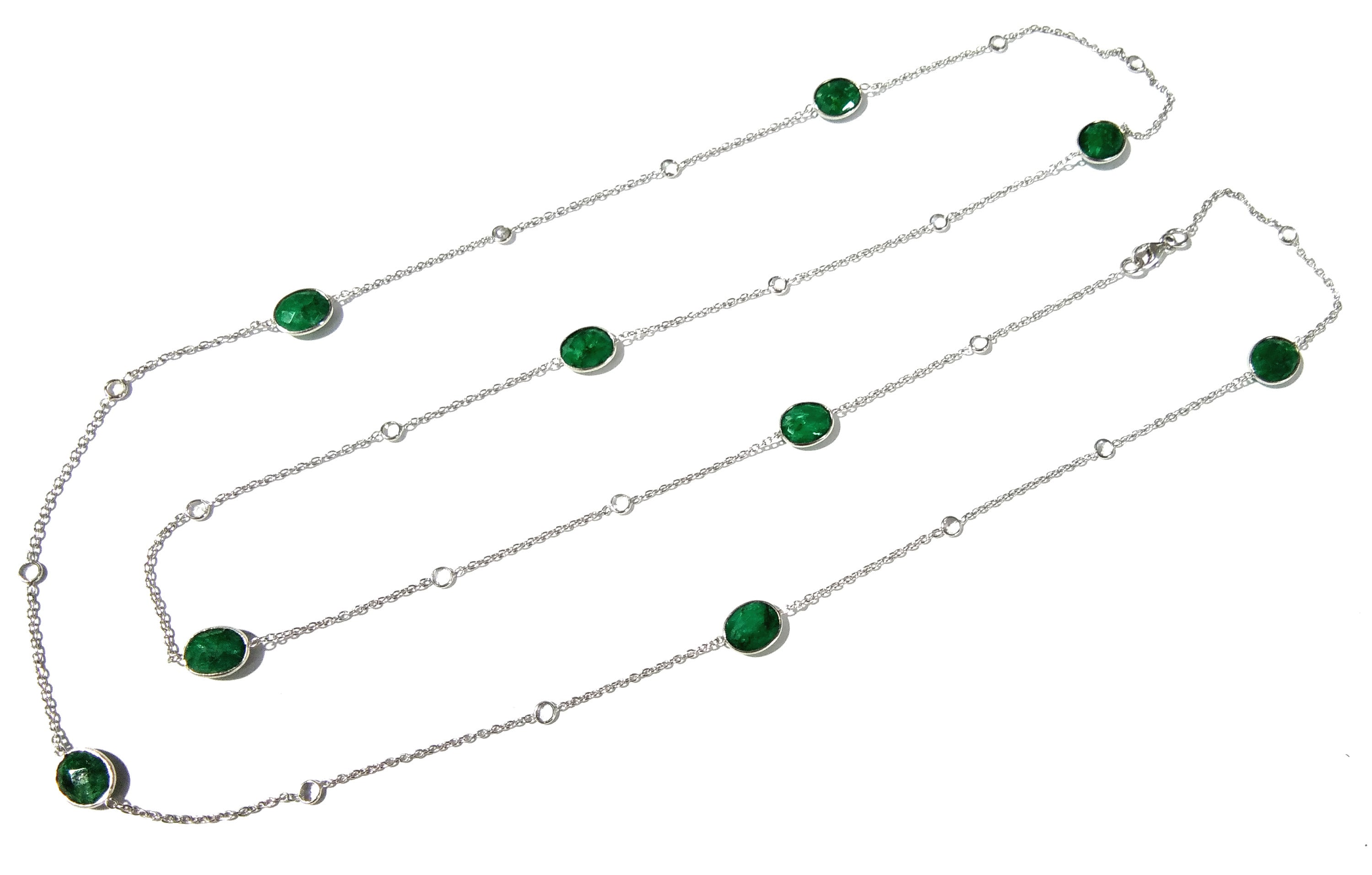 Emerald Necklace Chain,  925 Sterling Silver With Zircon Polky Necklace, Handmade Bezel Necklace, 40" Inches Length.