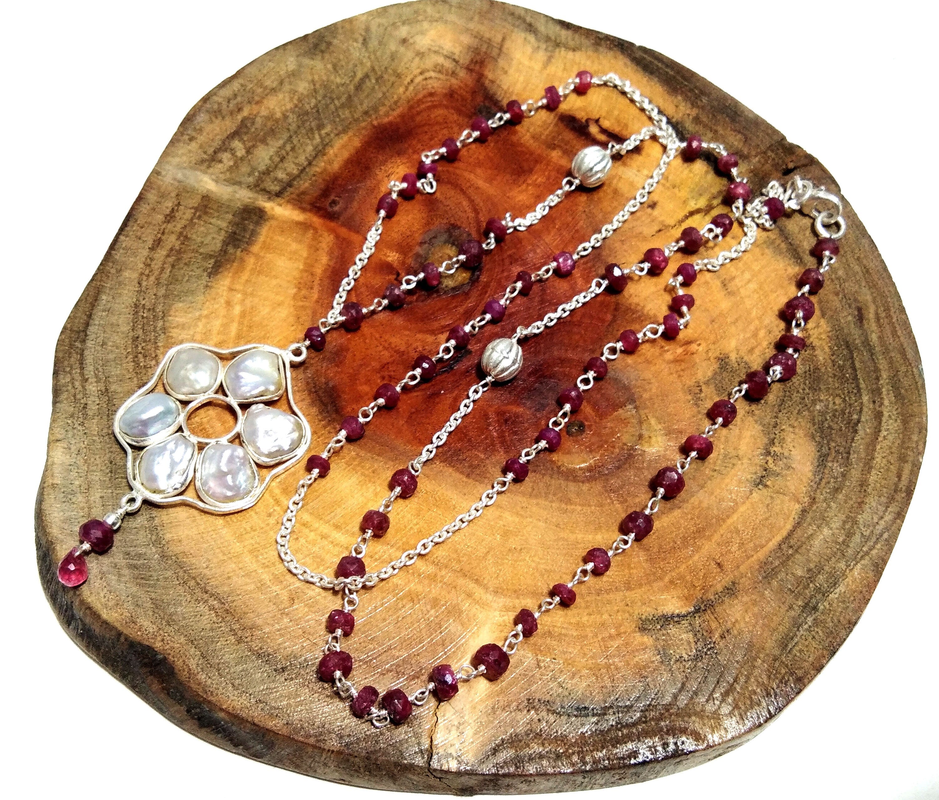 Log Chain Necklace, Natural Baroque Pearl & Red Ruby Necklace, 925 Starling Silver Log Chain Necklace,36''Inches Adjuster Chain Necklace