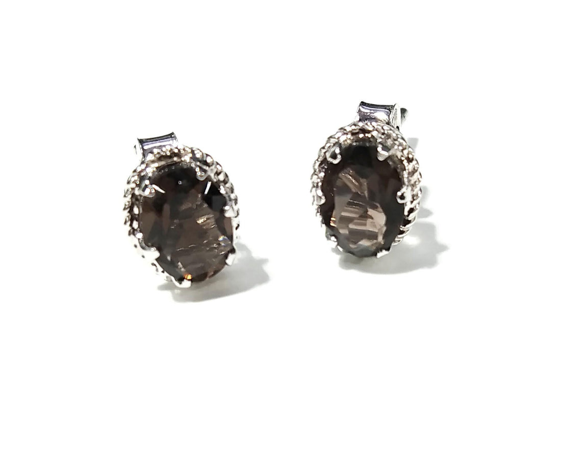 Natural Smoky Quartz Stud Earrings, 925 Starling Silver Earring Jewelry, Smoky Quartz Gemstone Oval Shape Stone Size 7x5 mm Gift For women.