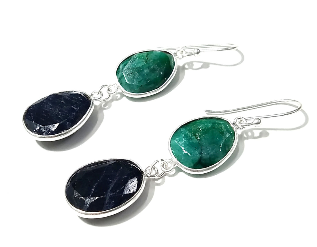 Natural Emerald, Blue Sapphire Stone Earring, 925 Solid Starling Silver Earring Gemstone, Gift Wedding Earring, Jewelry Birthstone Earring
