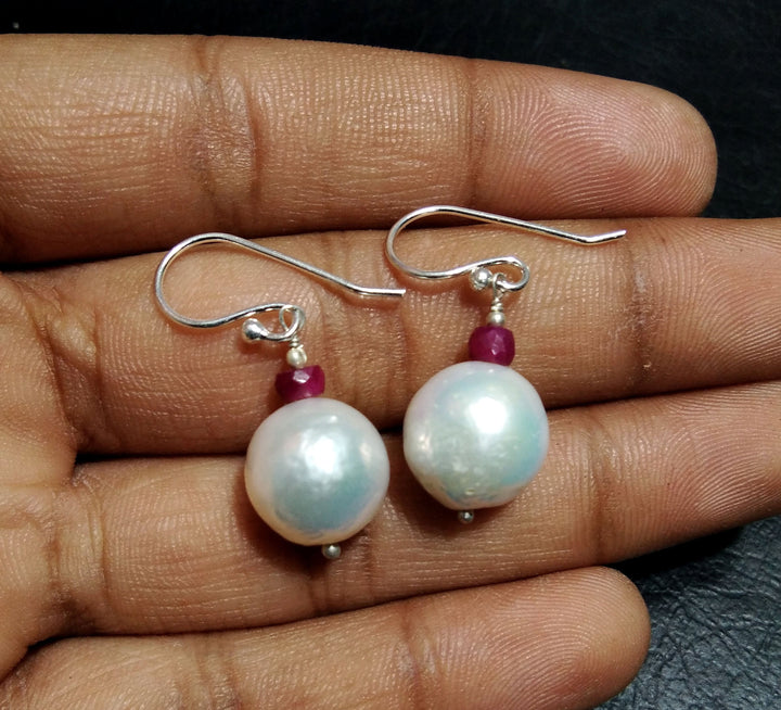 Natural South Sea Pearl Earring, Pearl & Red Ruby Earring, 925 Silver Earring, Round Shape Pearl Beautiful Earring, Girls/Women Gift Jewelry