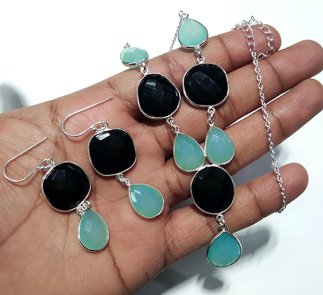 Natural Black Onyx & Chalcedony Stone Drop Earring And Necklace Jewelry Set, 925 Solid Sterling Silver Necklace Earring Jewelry Gift For Her