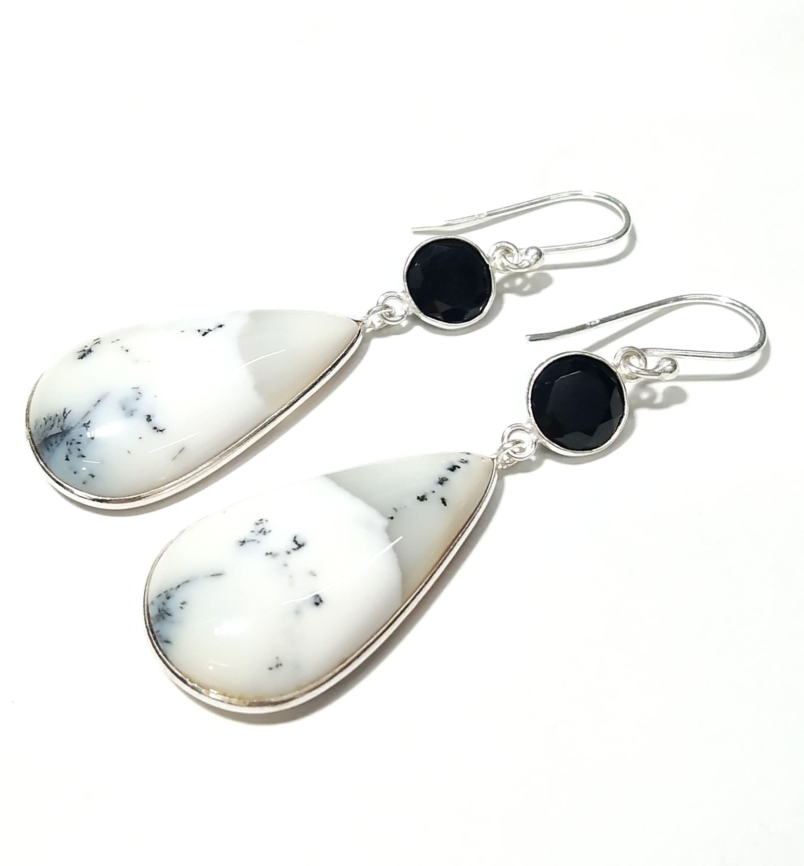 Natural Dendrite Opal,Black Spinel Gemstone Earring, 925 Solid Starling Silver Earring, Opal Stone Size 29x17 mm Gift Dangle Earring Jewelry