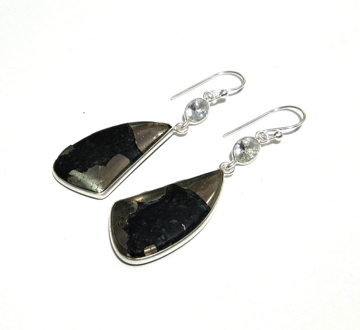 Natural Gold Pyrite, Zircon Stone Earring, Solid 925 Starling Silver Earring, Good Color Pyrite Stone Size 29x16 mm Gift Birthday Earring