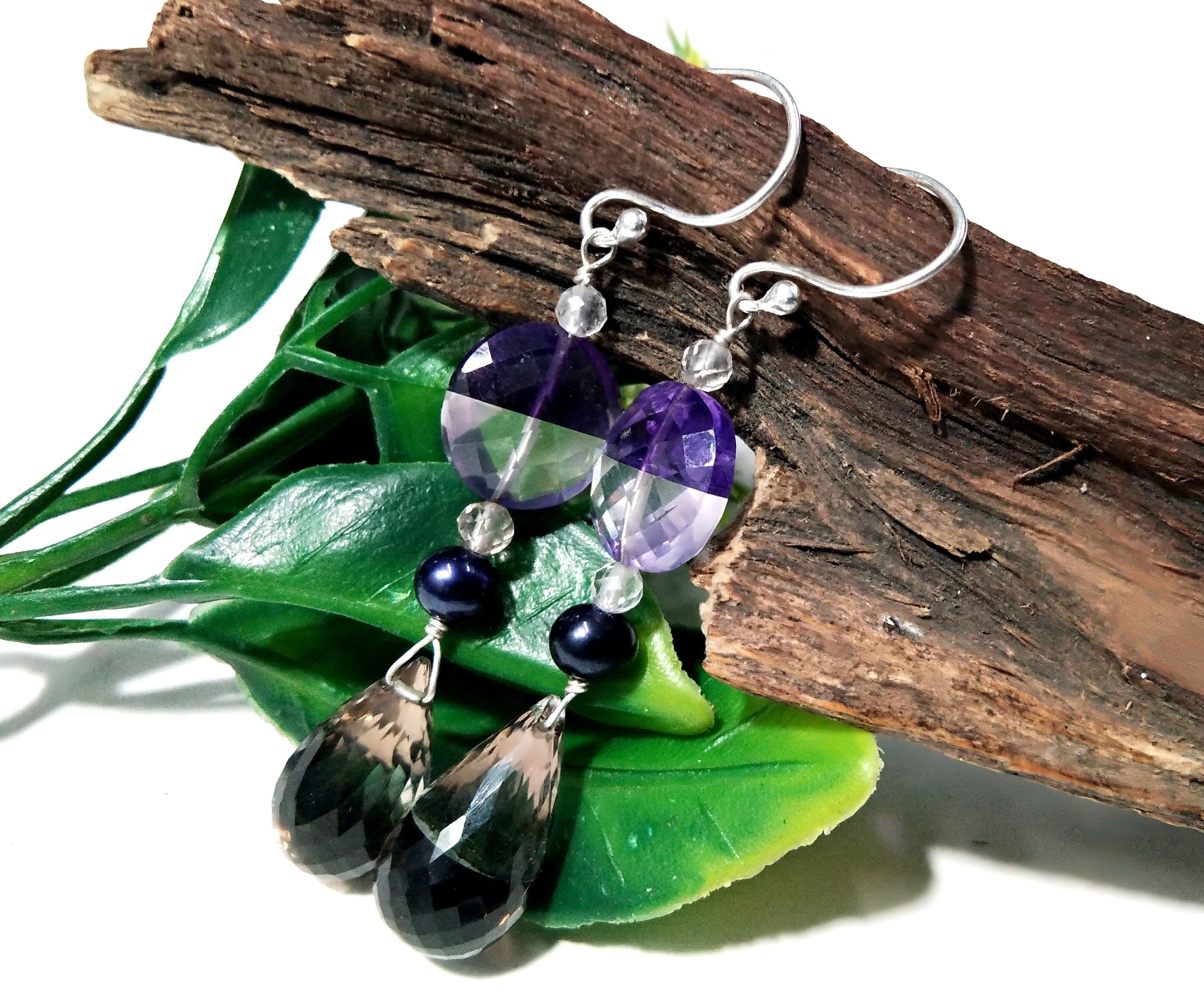 Very Fine Quality Amazing Color Natural Doublet Gemstone Amethyst, Crystal & Smoky Quartz With 925 Silver Multi Earring For Girls/Women Gift