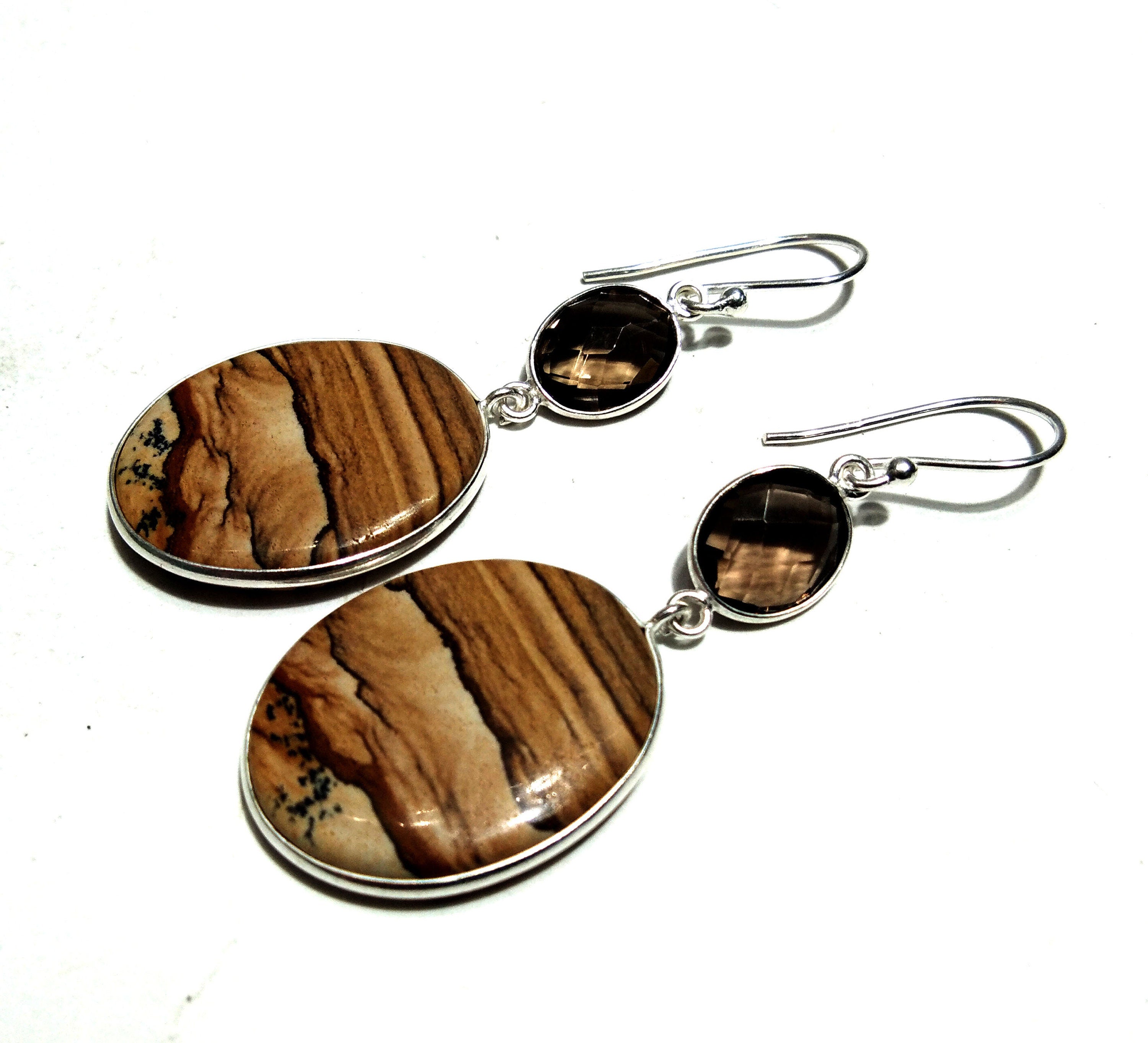 Natural Picture Jasper Earring Gemstone, 925 Solid Starling Silver Earring Jewelry Oval Shape Stone Size 24x19 mm Jasper For Gift Earring