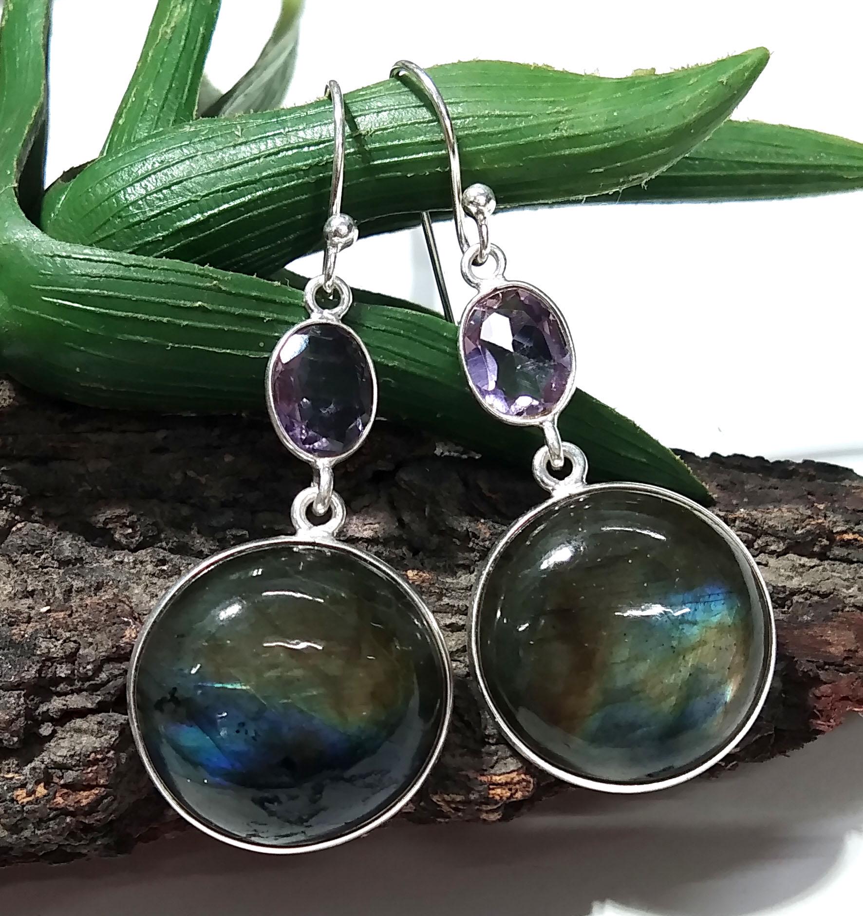 Labradorite, Amethyst Gemstone Earring, 925 Solid Starling Silver Earring, Natural Labradorite Stone Size 20x20mm Gift For Girls & Women.