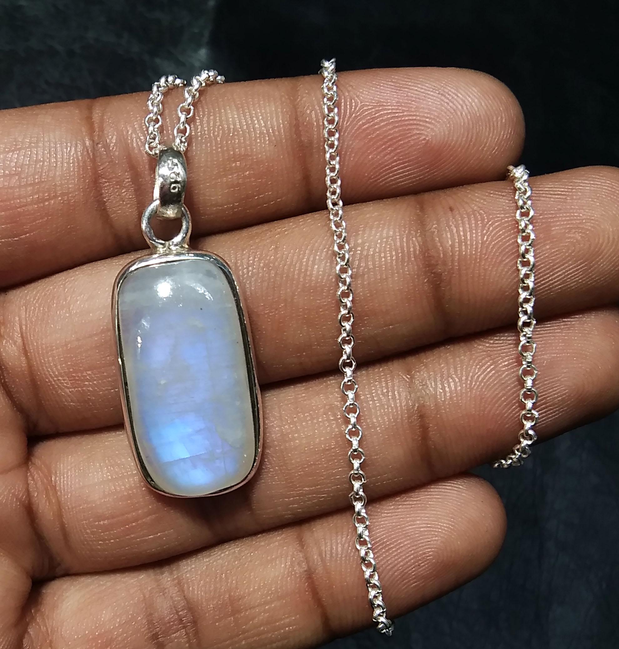 Natural Rainbow Moonstone Pendant, 925 Starling Silver Pendant Chain Necklace, Handmade Jewelry Stone Size 20x13 mm Gift Wedding Pendant